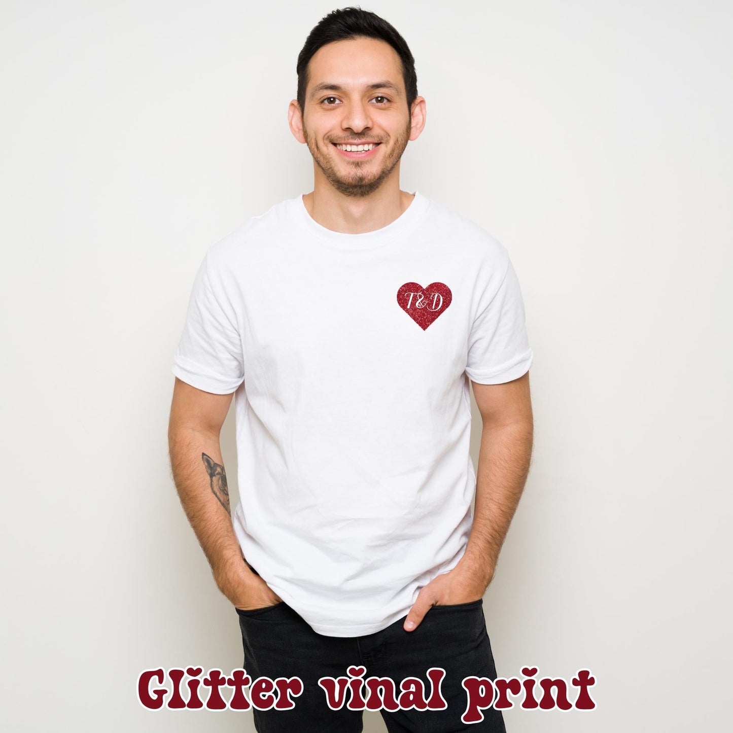 Custom Name Red Glitter Heart Pocket T-Shirt, Pocket Love Heart Shirt, Women Valentine's Day Shirt, Red Heart Tshirt, Valentine's Day Gift