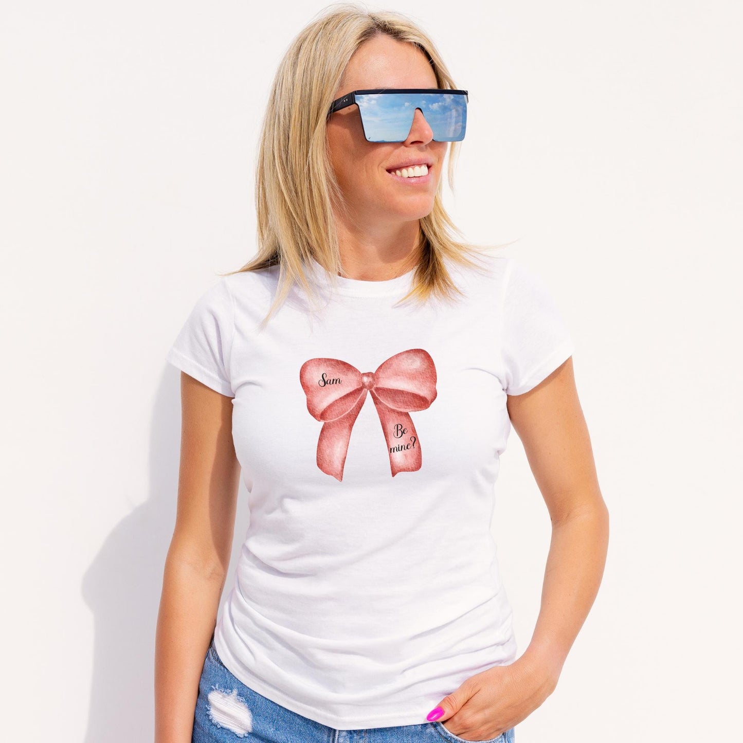 Personalised Pink Bow T Shirt, Coquette Pink Ribbon T-Shirt, Bow Name Print T-Shirt, Pink Bow Shirt, Cute Bow Shirt, Custom Girly Gifts