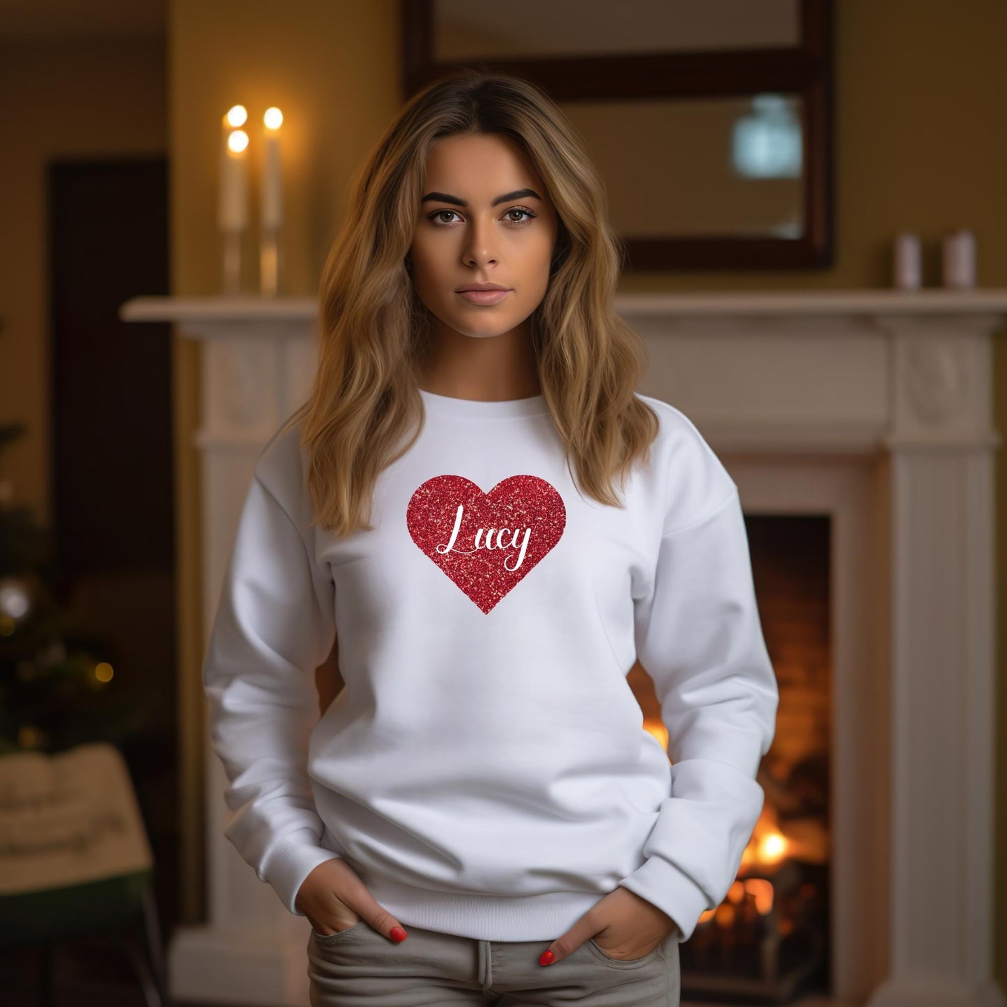 Personalised Women's Red Glitter Heart Sweatshirt, Custom Name Valentine's Sweater, Valentine's Day Heart Shirt, Love Sweatshirt Gift