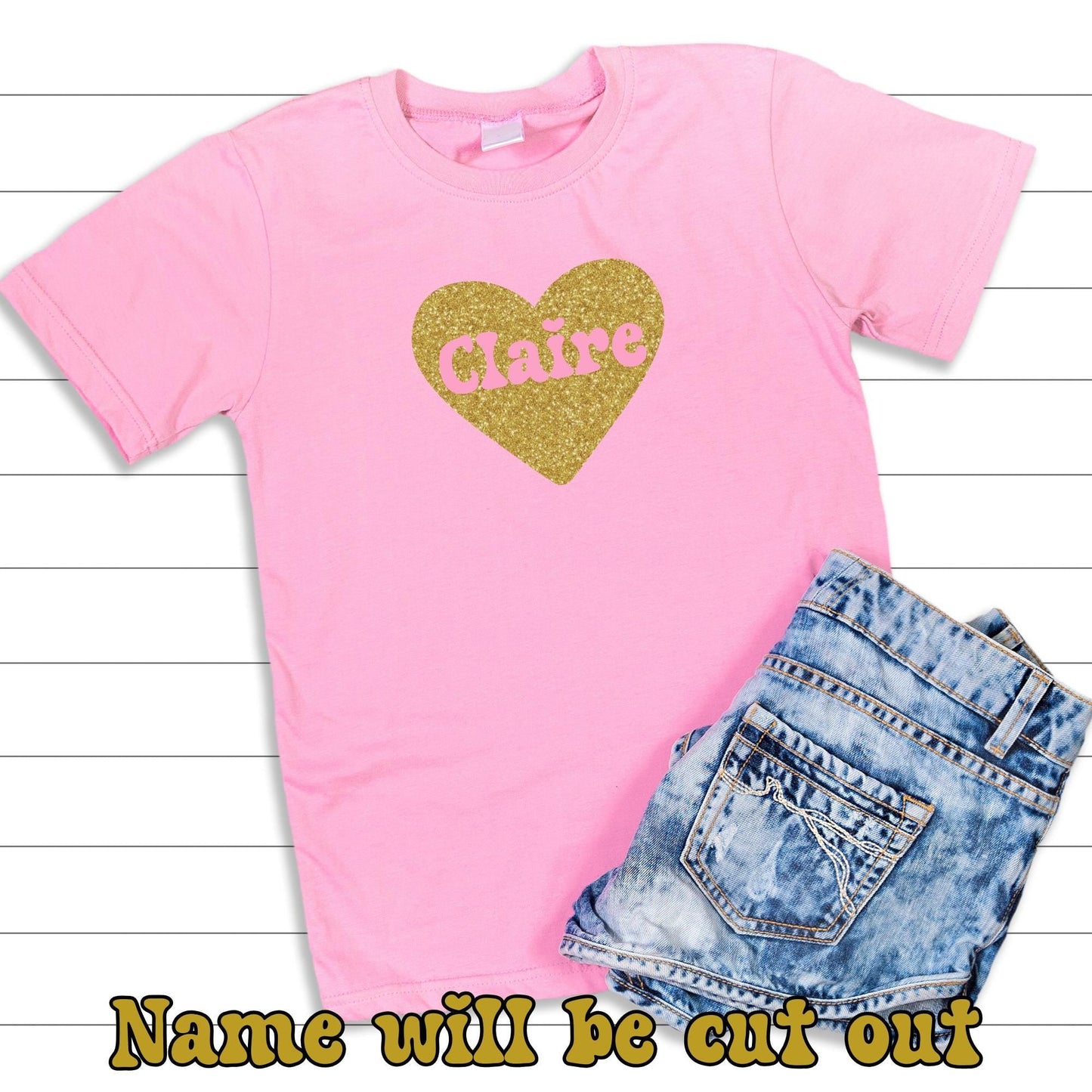 Personalised Glitter Heart Pink T Shirt, Valentines Day Heart Shirts for Women, Gold Glitter Heart Shirt, Funny Shirt, Valentine's Day Gift