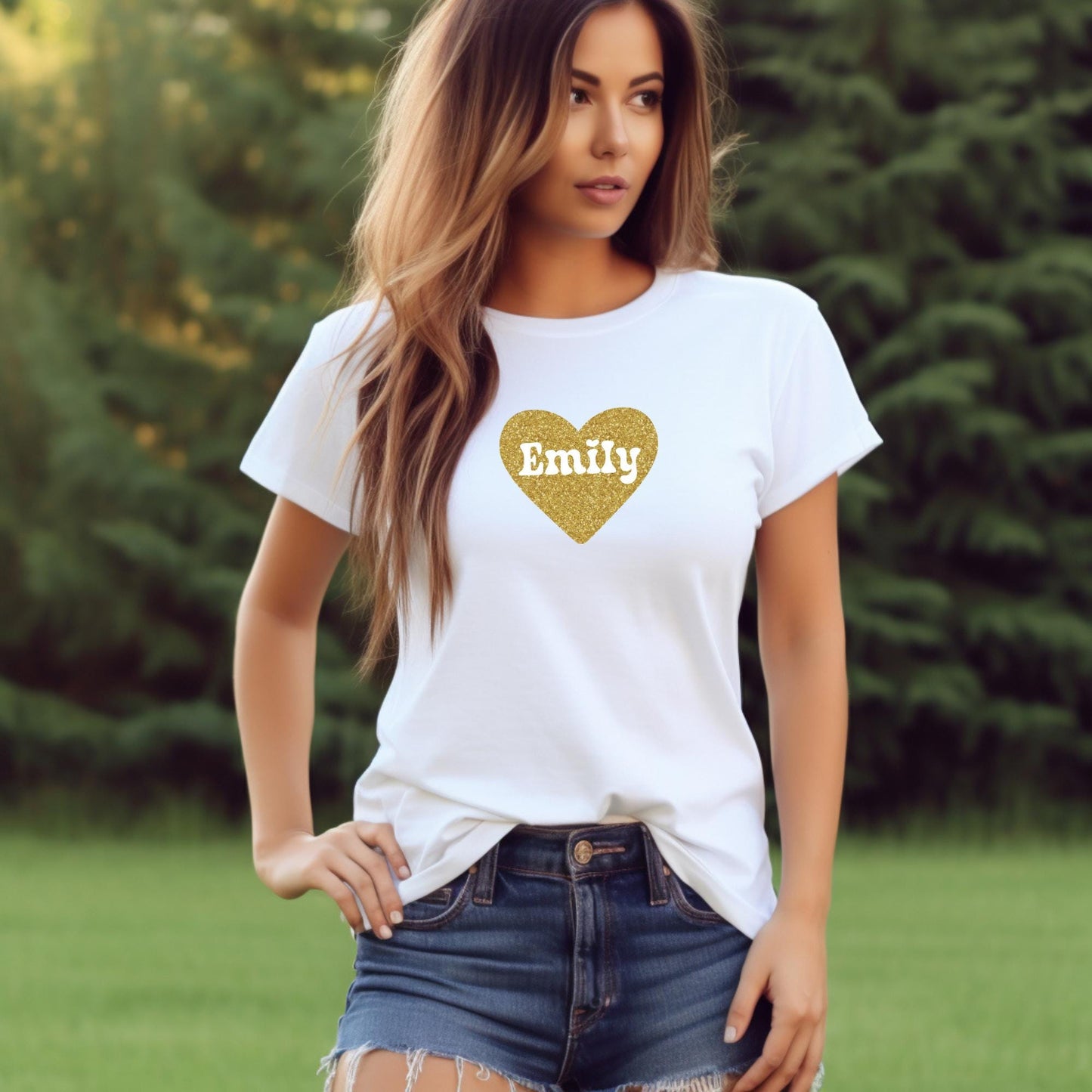 Personalised Glitter Heart Pink T Shirt, Valentines Day Heart Shirts for Women, Gold Glitter Heart Shirt, Funny Shirt, Valentine's Day Gift