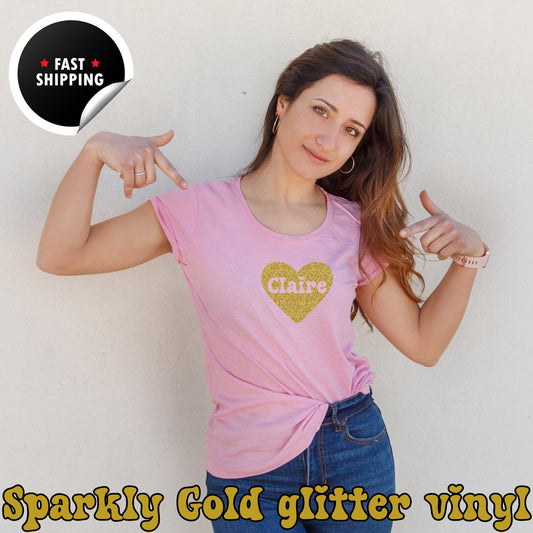 Personalised Glitter Heart Pink T Shirt, Valentines Day Heart Shirts for Women, Gold Glitter Heart Shirt, Funny Shirt, Valentine's Day Gift