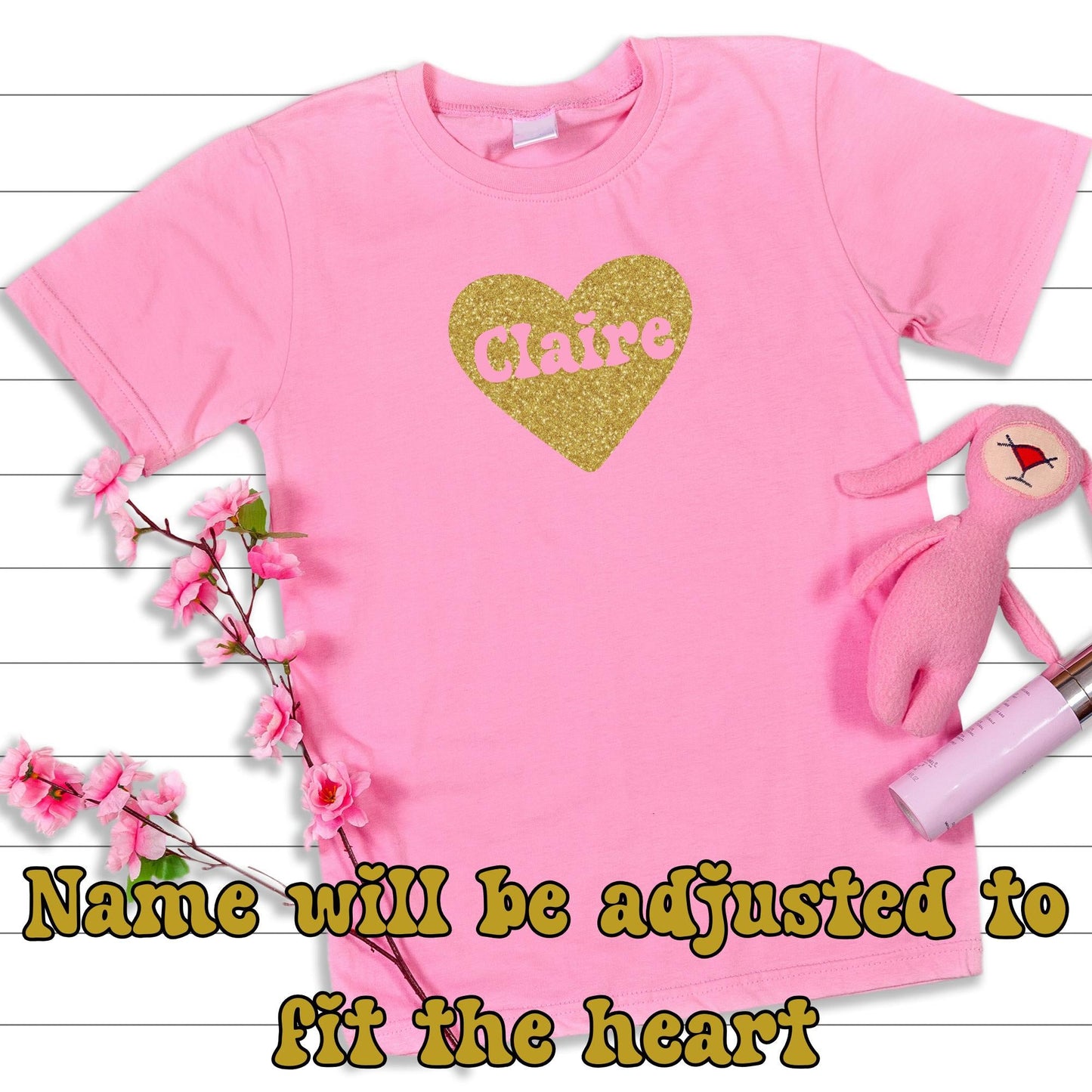 Personalised Glitter Heart Pink T Shirt, Valentines Day Heart Shirts for Women, Gold Glitter Heart Shirt, Funny Shirt, Valentine's Day Gift