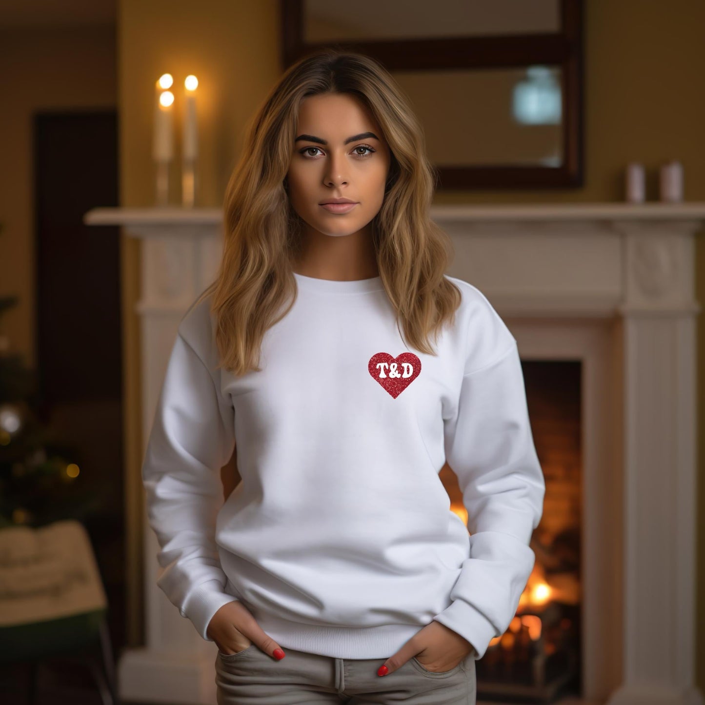 Personalised Red Glitter Heart Pocket Sweatshirt, Pocket Heart Crewneck Sweatshirt, Custom Name Valentine Sweater, Heart Sweatshirt Gift