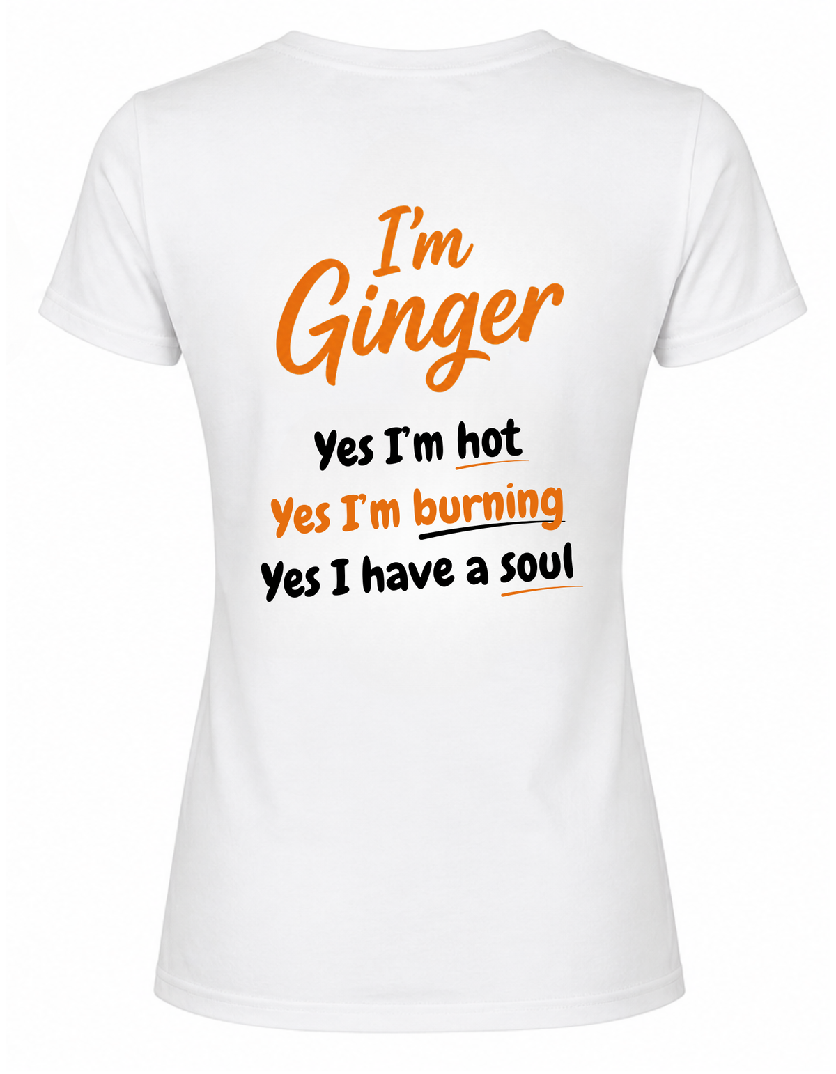 White t-shirt with humorous text design on a white background