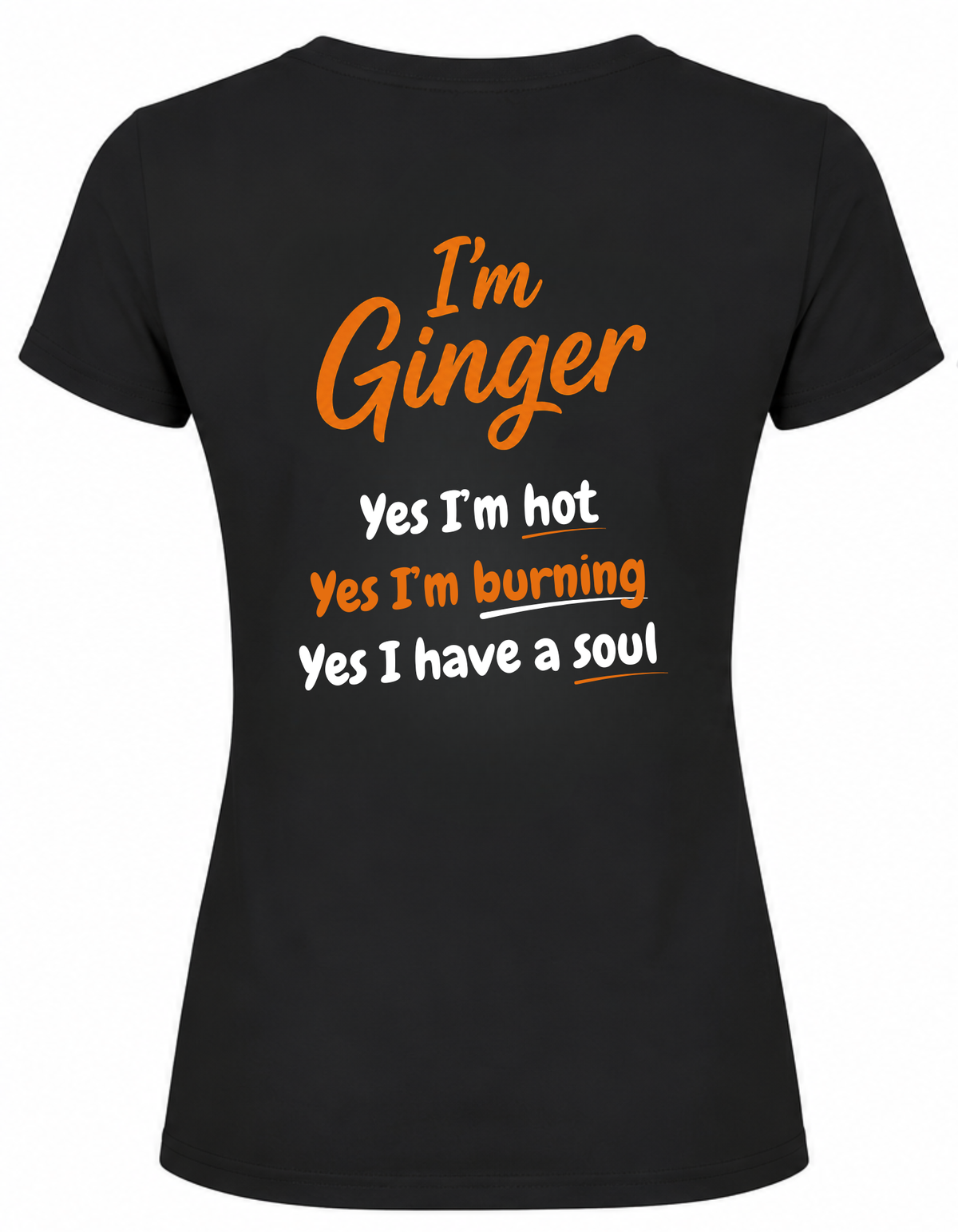Black t-shirt with orange and white text on a white background