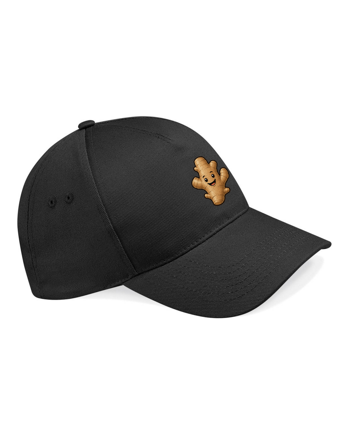 Black cap with a small brown character patch on a white background