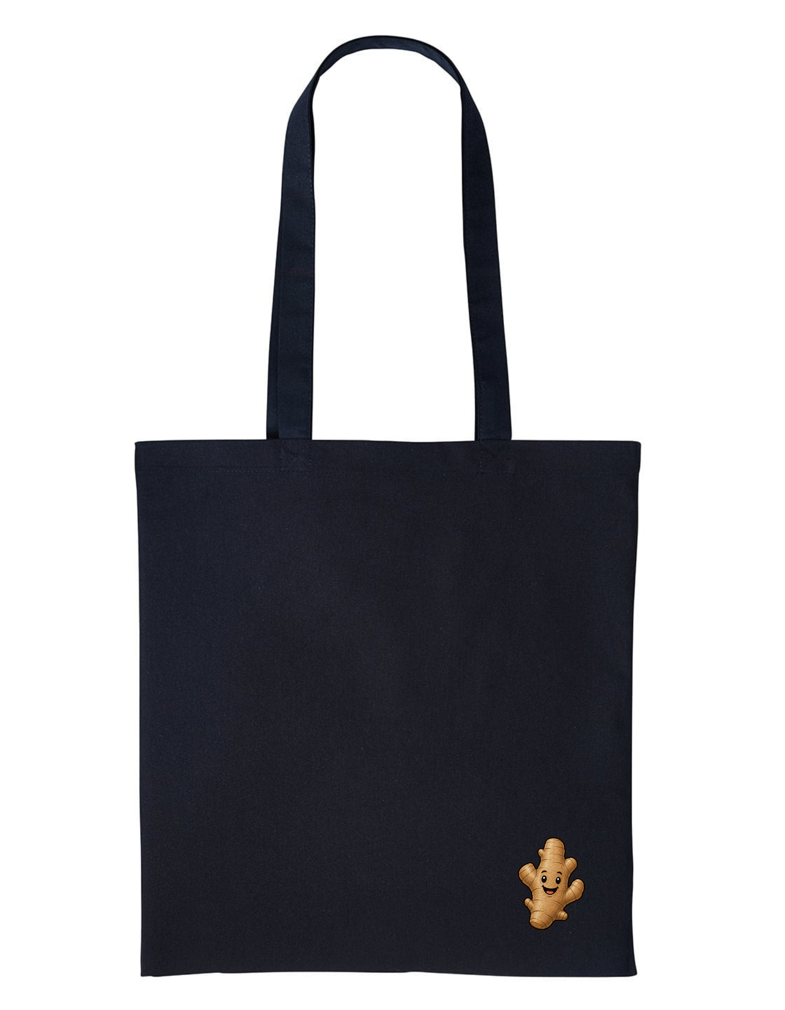 Black tote bag with a small brown bear design on a white background