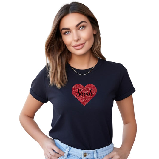 Personalised Red Glitter Heart T Shirt, Custom Name Valentine's Shirt, Valentine's Outfit with Love Heart Shirt, Women Valentines Day Shirt