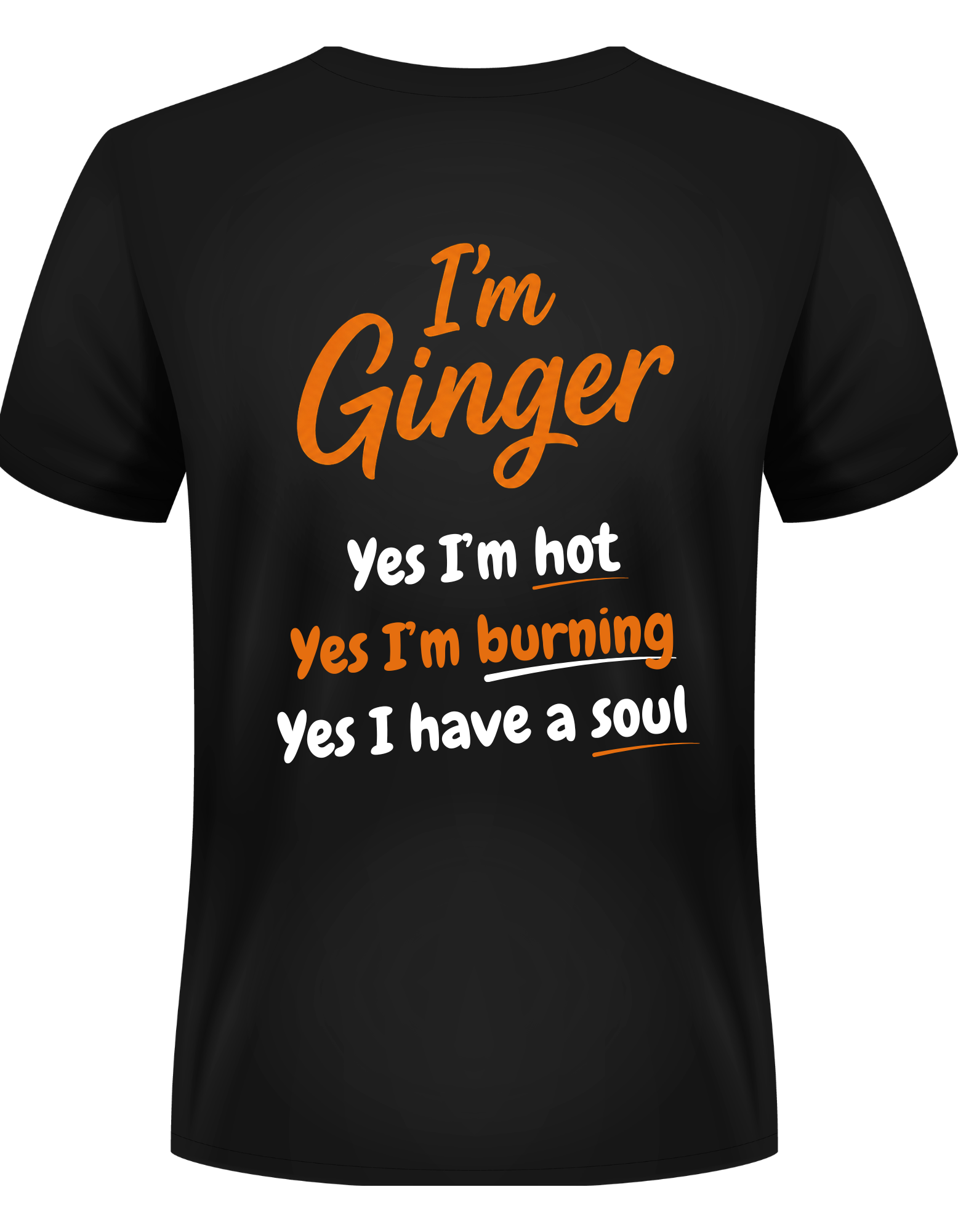 Black t-shirt with orange and white text on a white background