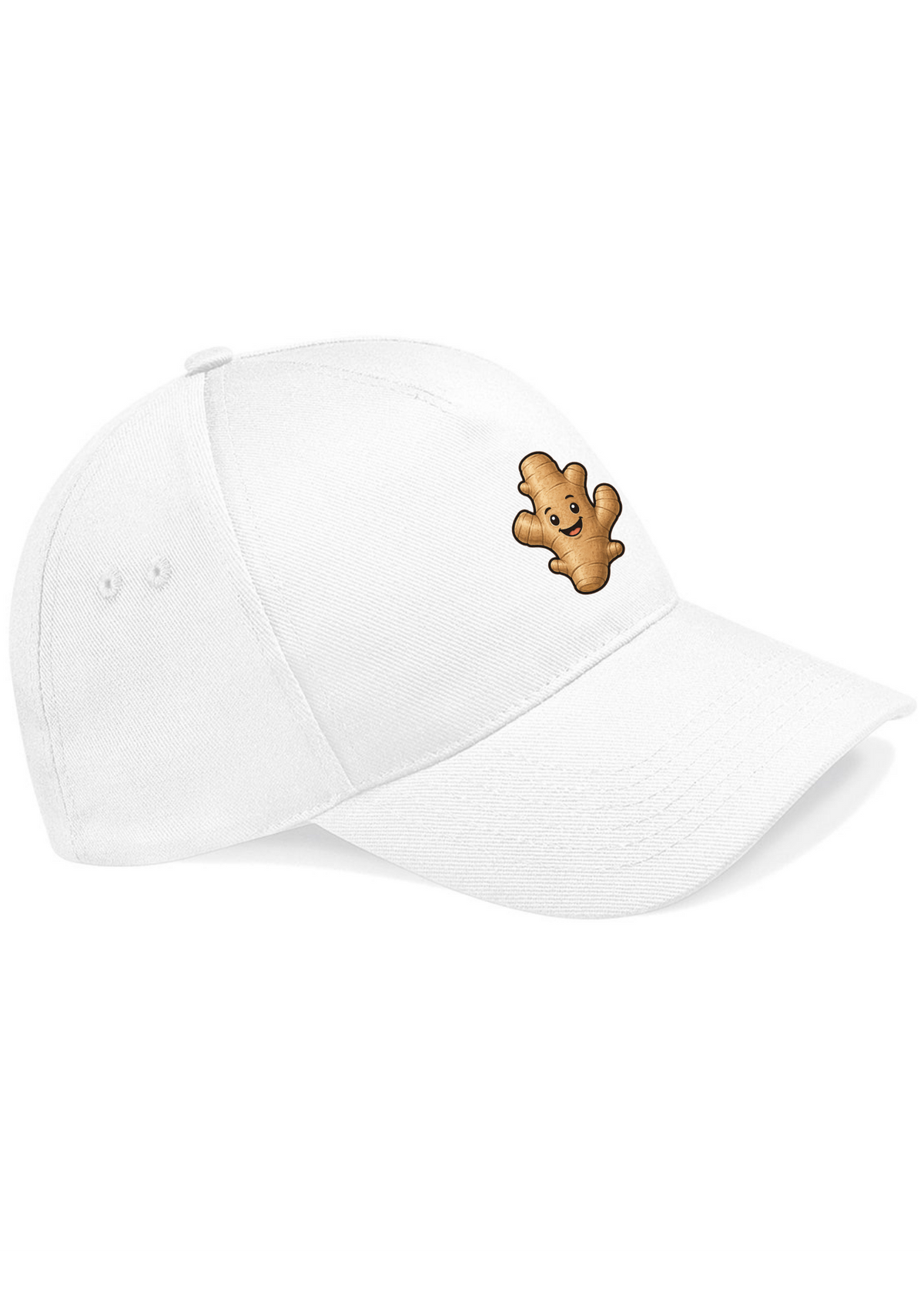White cap with a brown bear logo on a white background