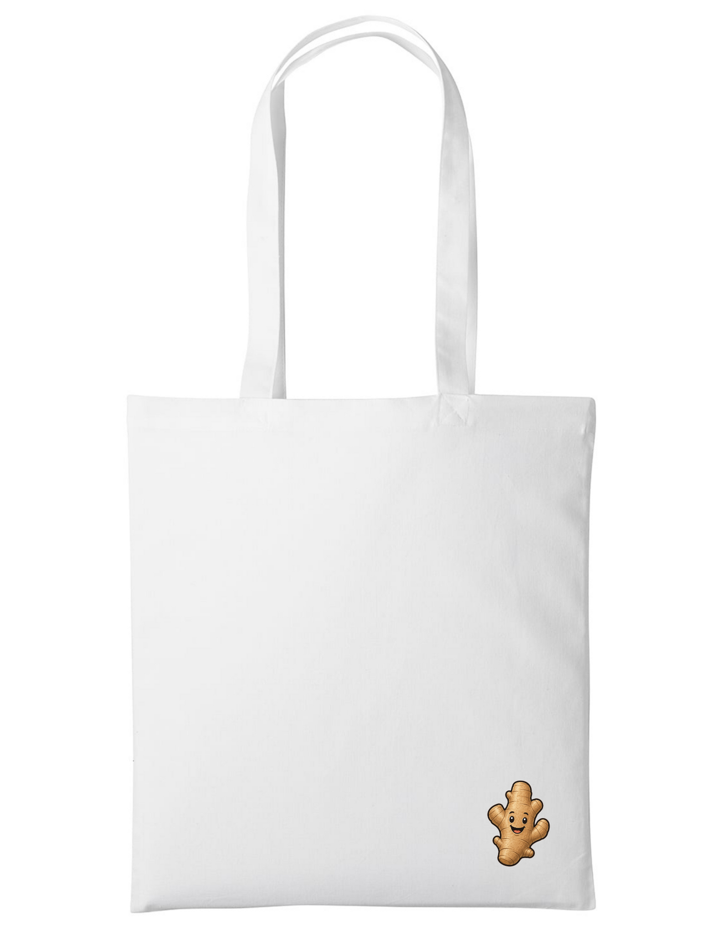 White tote bag with a small brown gingerbread man patch on a white background