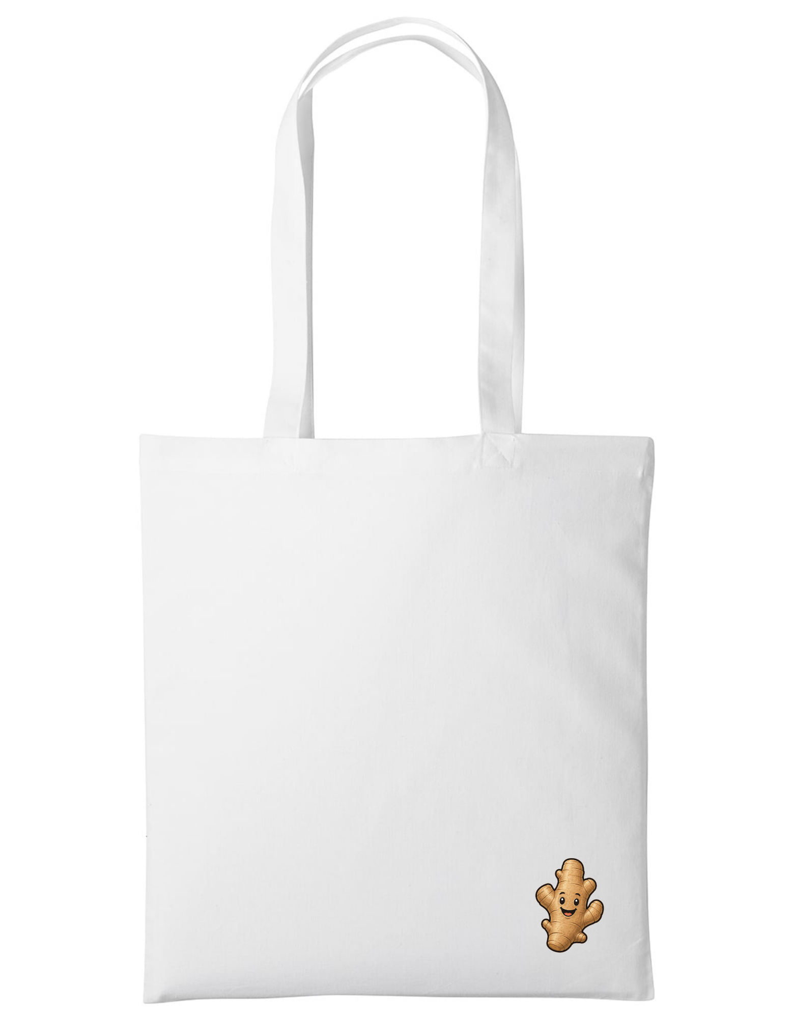 White tote bag with a small brown gingerbread man patch on a white background