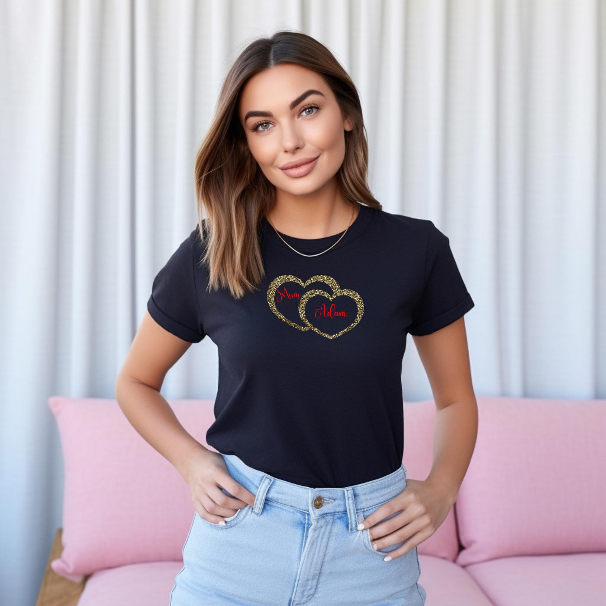 Custom Mum and Kid Heart Shirt, Double Heart Graphic Shirt, Custom Mom Shirt with Names, Mothers Day Shirt, Mom Shirt, Gift for Mom