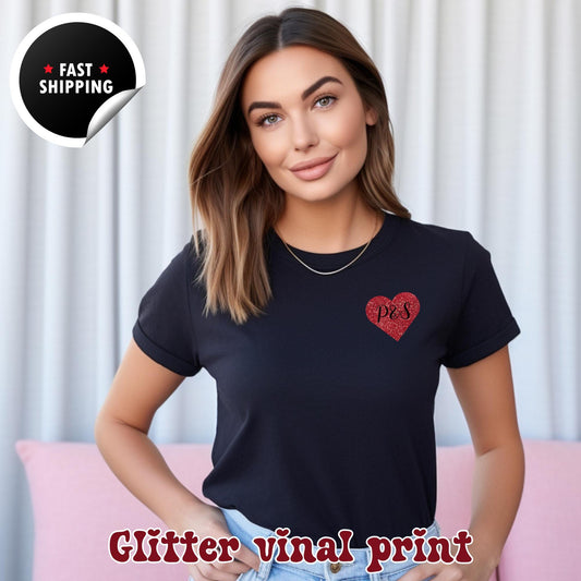 Custom Name Red Glitter Heart Pocket T-Shirt, Pocket Love Heart Shirt, Women Valentine's Day Shirt, Red Heart Tshirt, Valentine's Day Gift