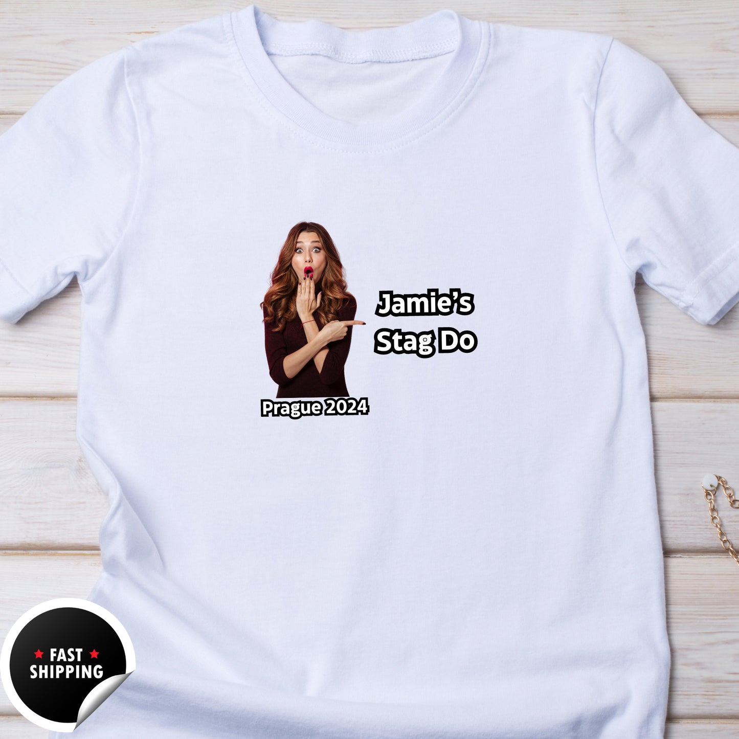 Personalised Photo Printed T-Shirt, James Name T-Shirt, Custom Photo Print T Shirt, Stag Do T Shirt, Funny Present Gift White T Shirt