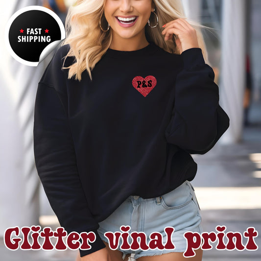 Personalised Red Glitter Heart Pocket Sweatshirt, Pocket Heart Crewneck Sweatshirt, Custom Name Valentine Sweater, Heart Sweatshirt Gift
