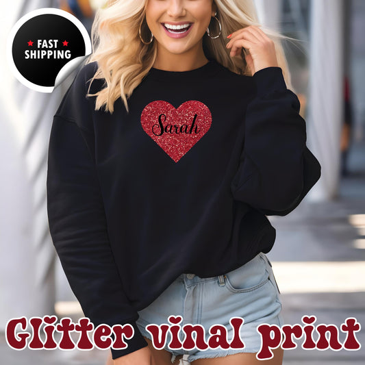 Personalised Women's Red Glitter Heart Sweatshirt, Custom Name Valentine's Sweater, Valentine's Day Heart Shirt, Love Sweatshirt Gift