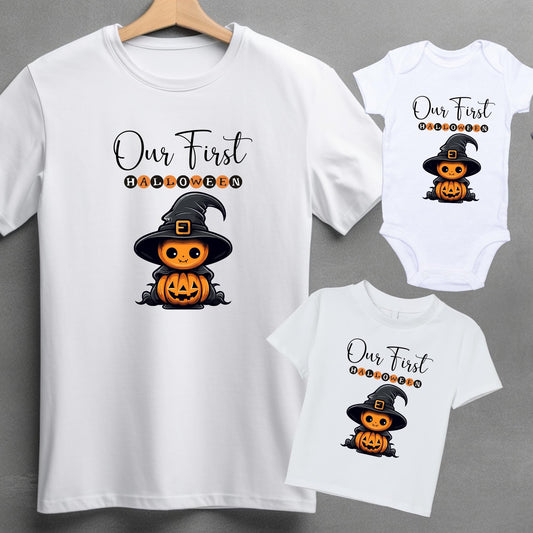 Our First Halloween Pumpkin Wizard Family Matching White Shirts