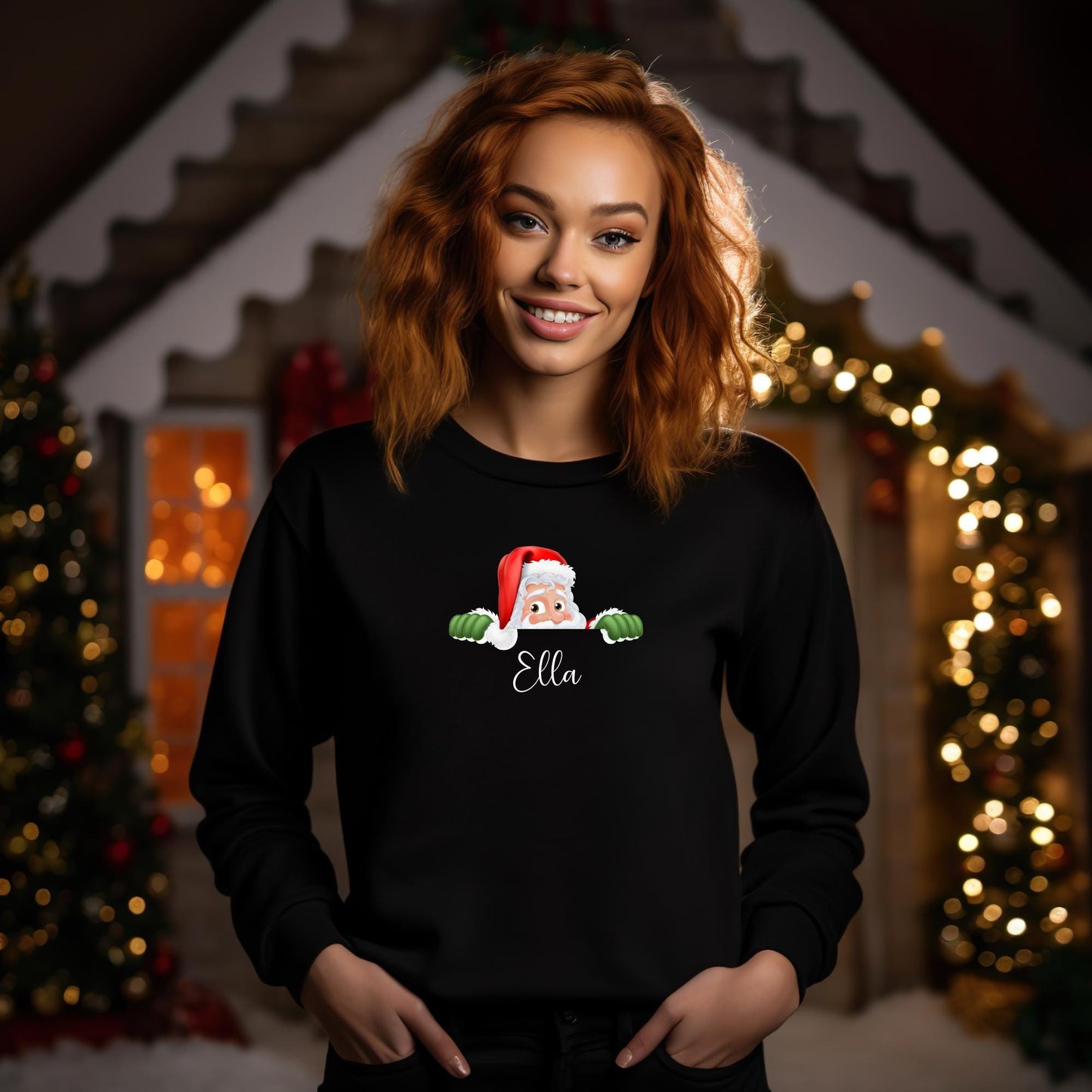 Peeping Santa Face Family Matching Custom Name Sweatshirt