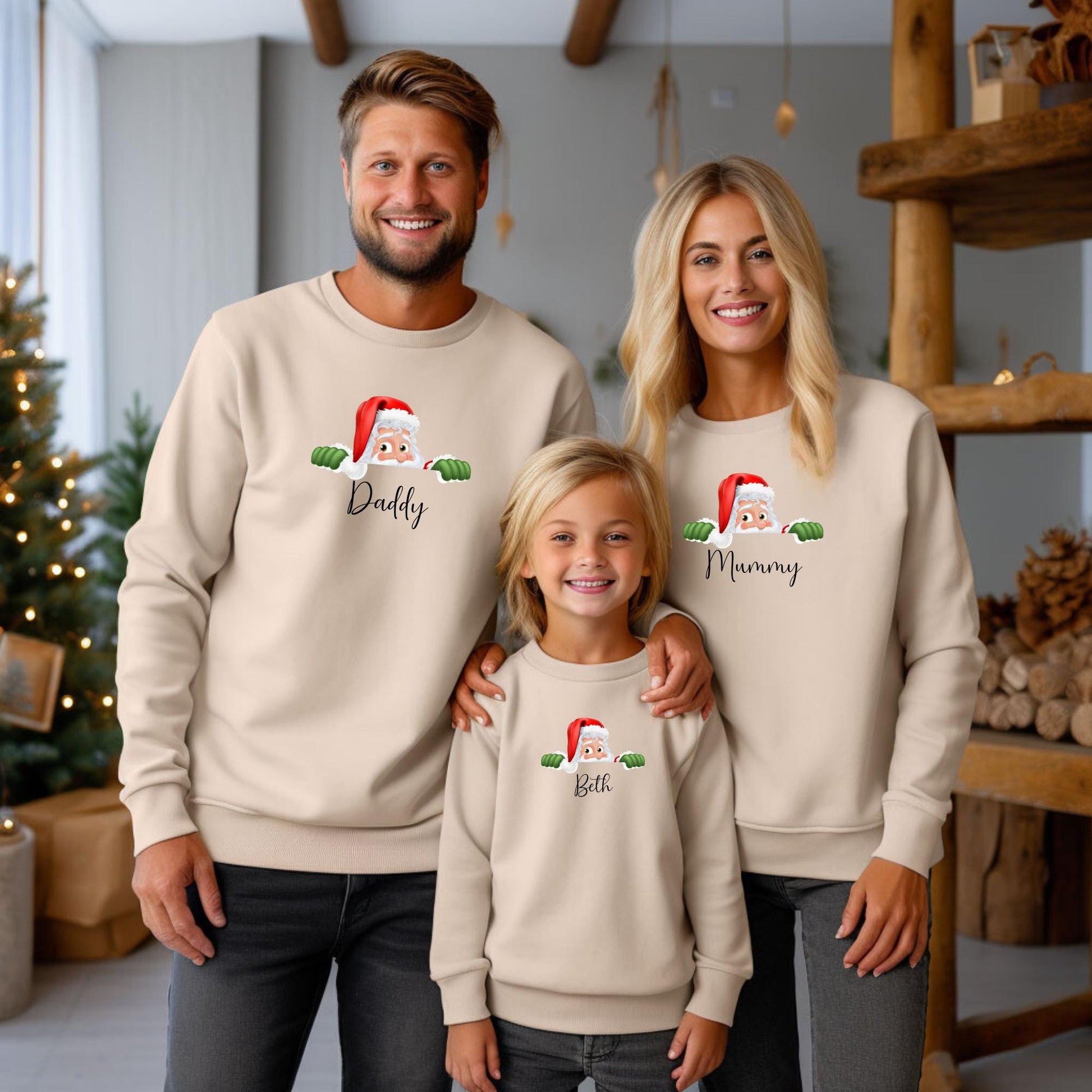 Peeping Santa Face Family Matching Custom Name Sweatshirt