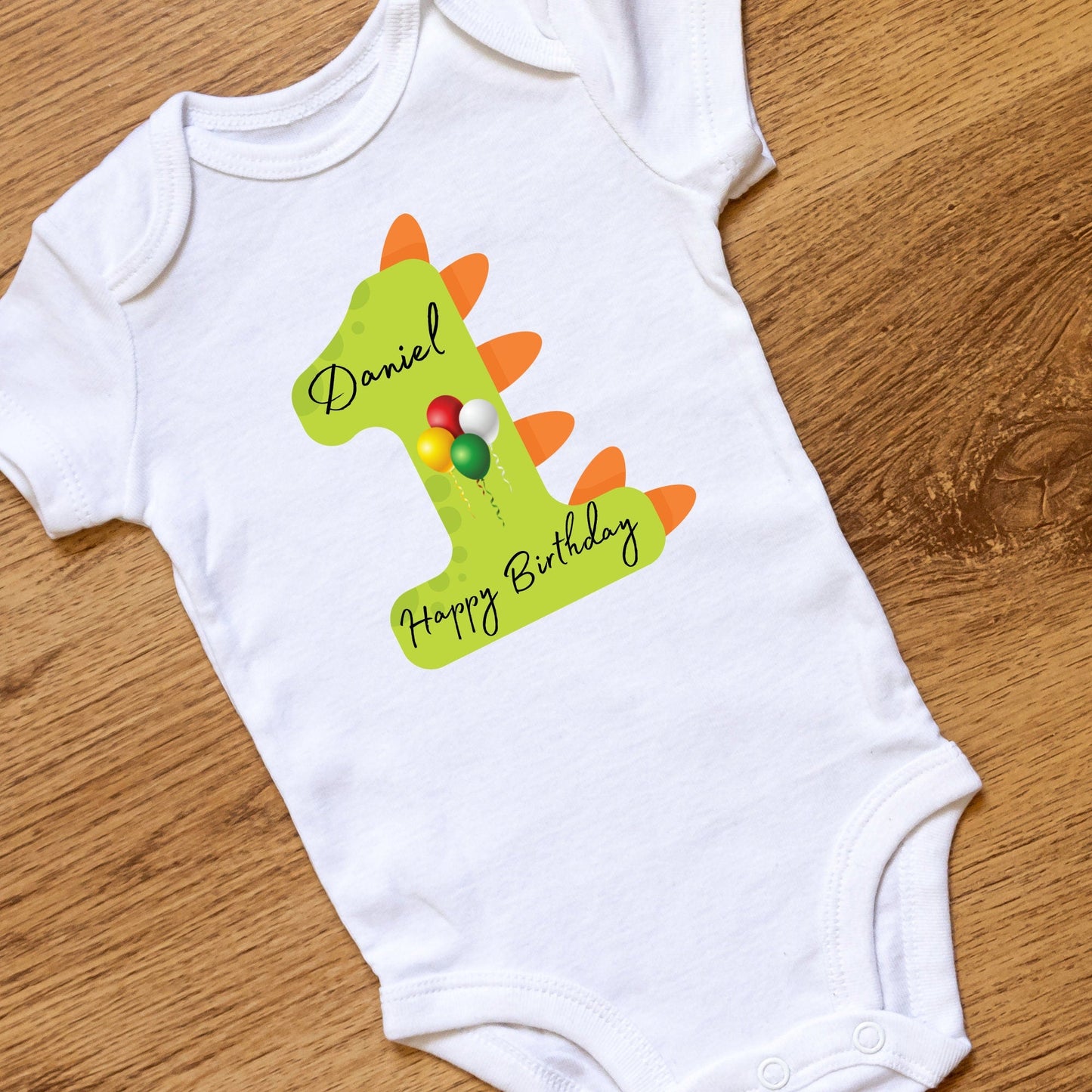 Personalised 1st Birthday T-Shirt with Balloons - Custom Dino Design, One Year Birthday Outfit, Happy Birthday Shirt with Name and Number