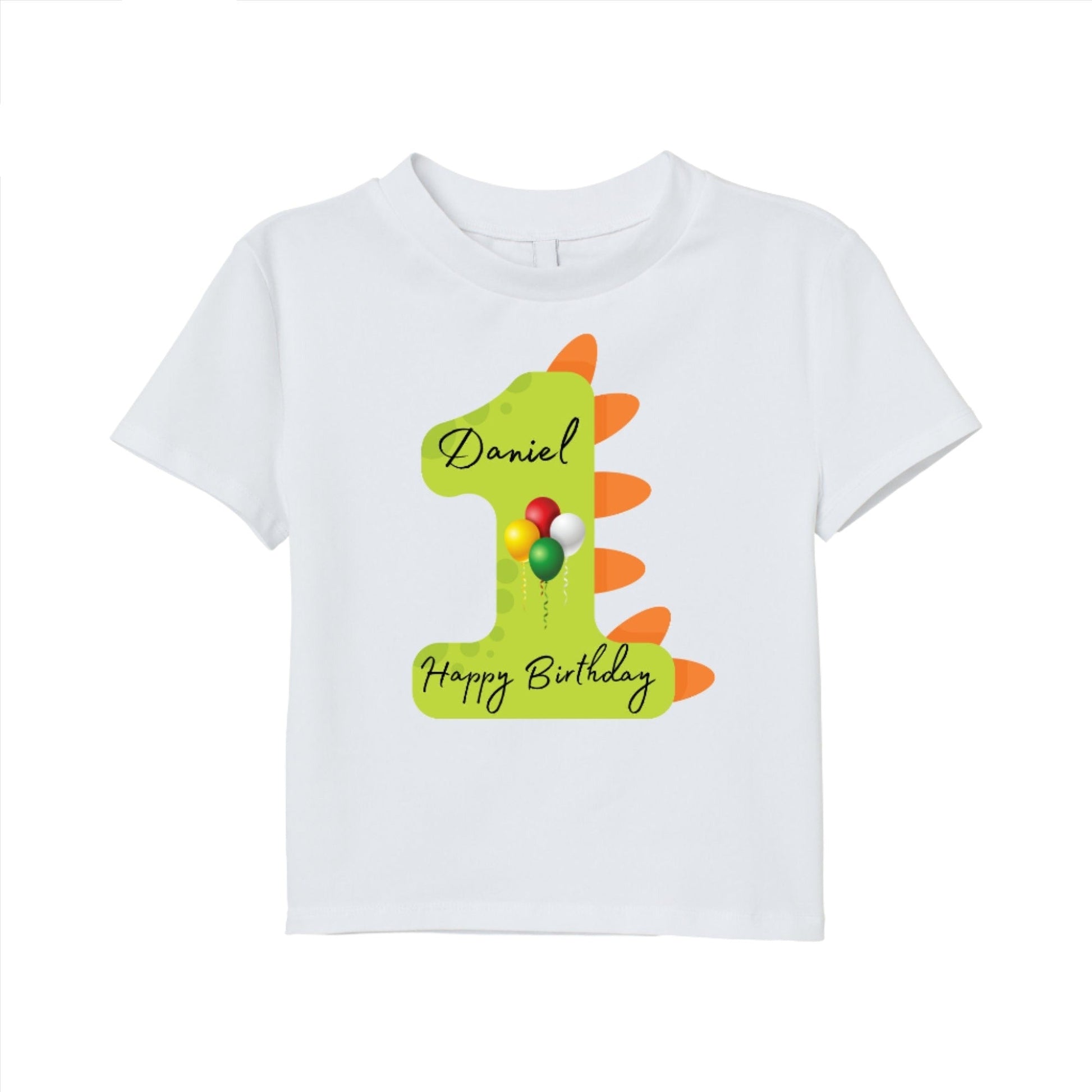 Personalised 1st Birthday T-Shirt with Balloons - Custom Dino Design, One Year Birthday Outfit, Happy Birthday Shirt with Name and Number