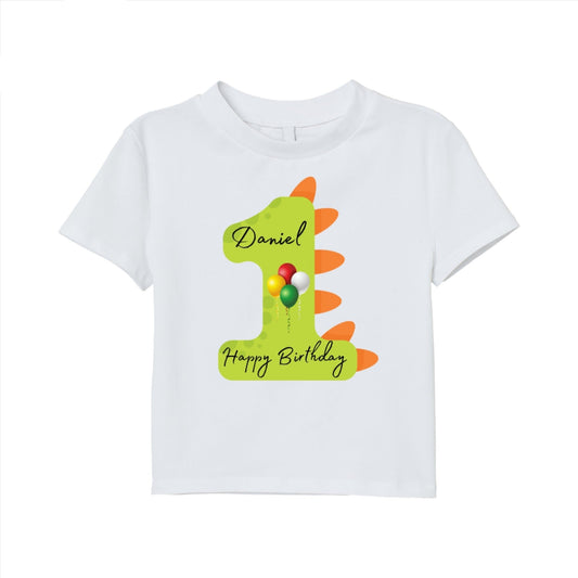 Personalised 1st Birthday T-Shirt with Balloons - Custom Dino Design, One Year Birthday Outfit, Happy Birthday Shirt with Name and Number