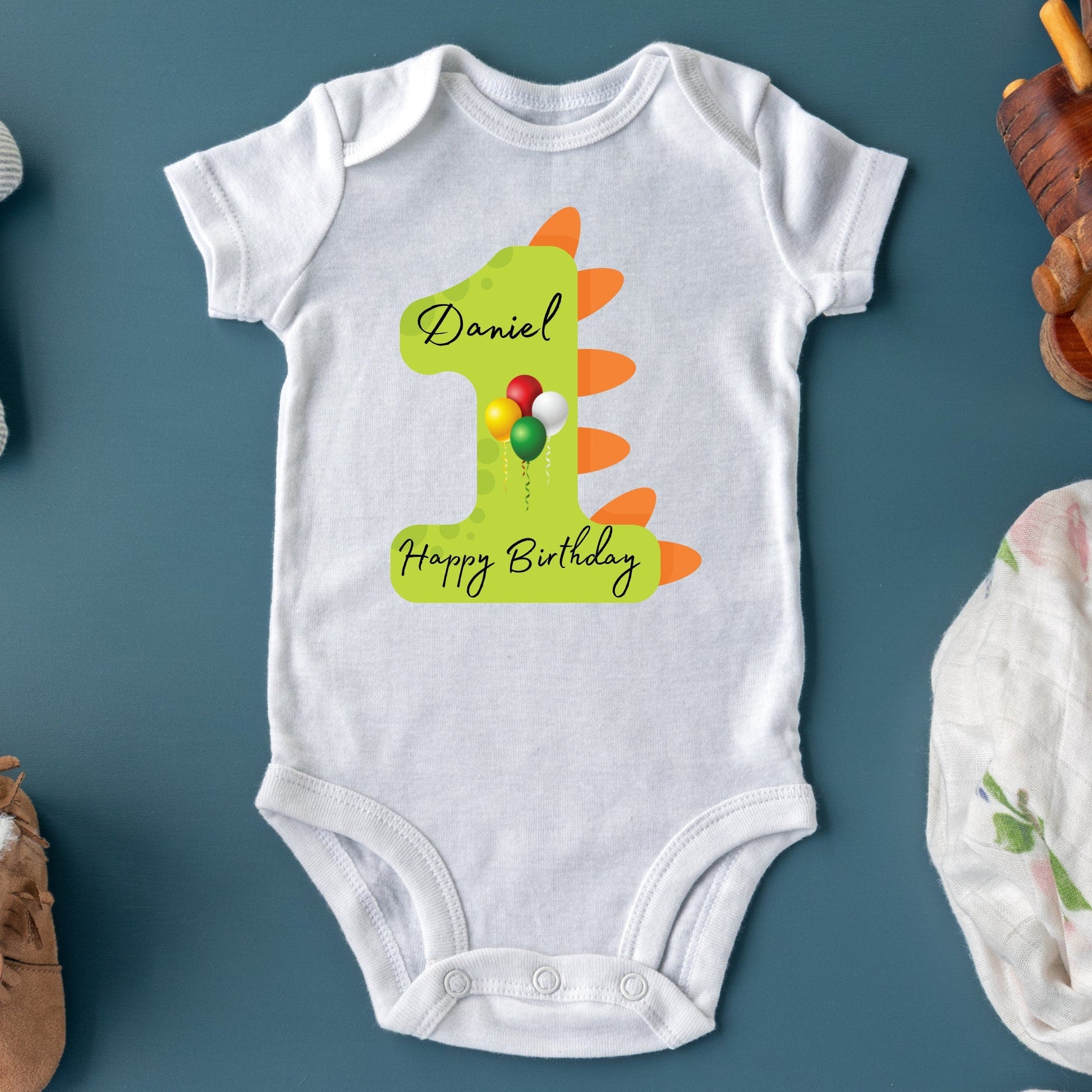 Personalised 1st Birthday T-Shirt with Balloons - Custom Dino Design, One Year Birthday Outfit, Happy Birthday Shirt with Name and Number