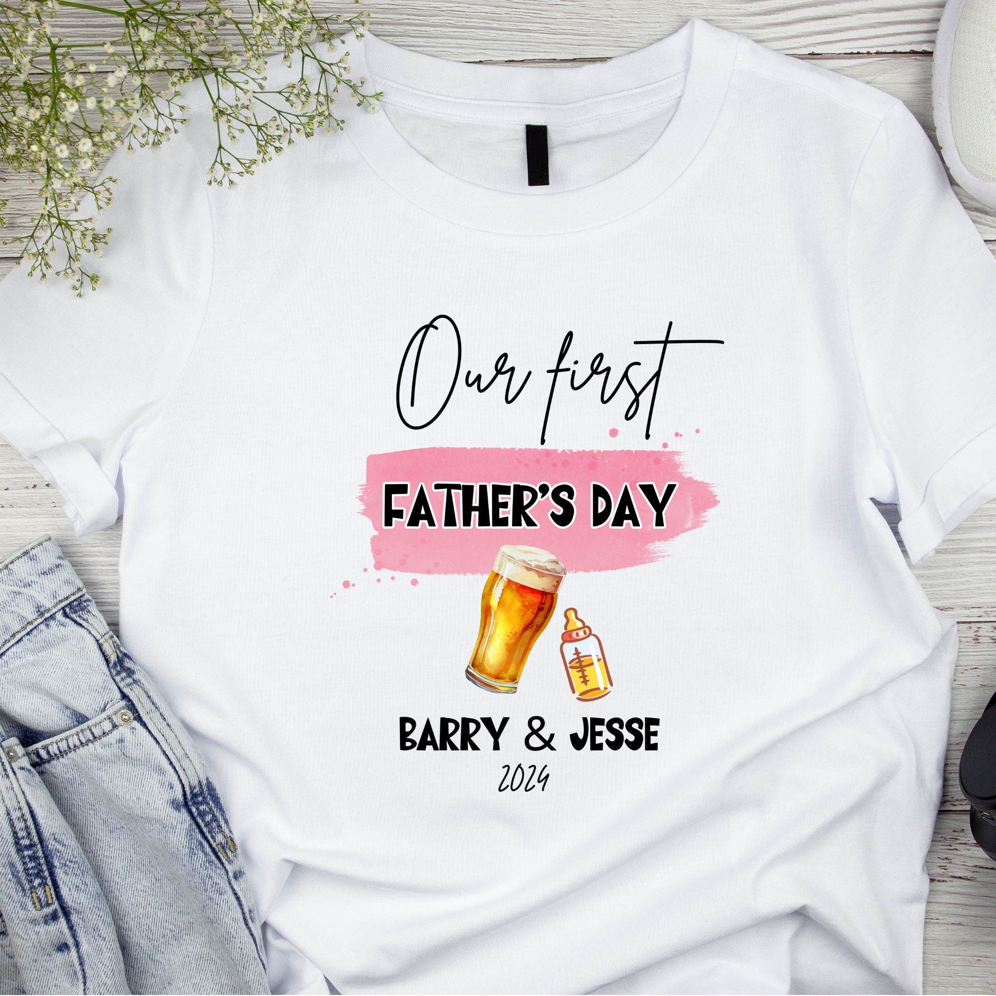 Personalised Dad & Kid Matching Shirts: Our First Father's Day Collection - Custom Cheers Dad & Baby Shirt Set!