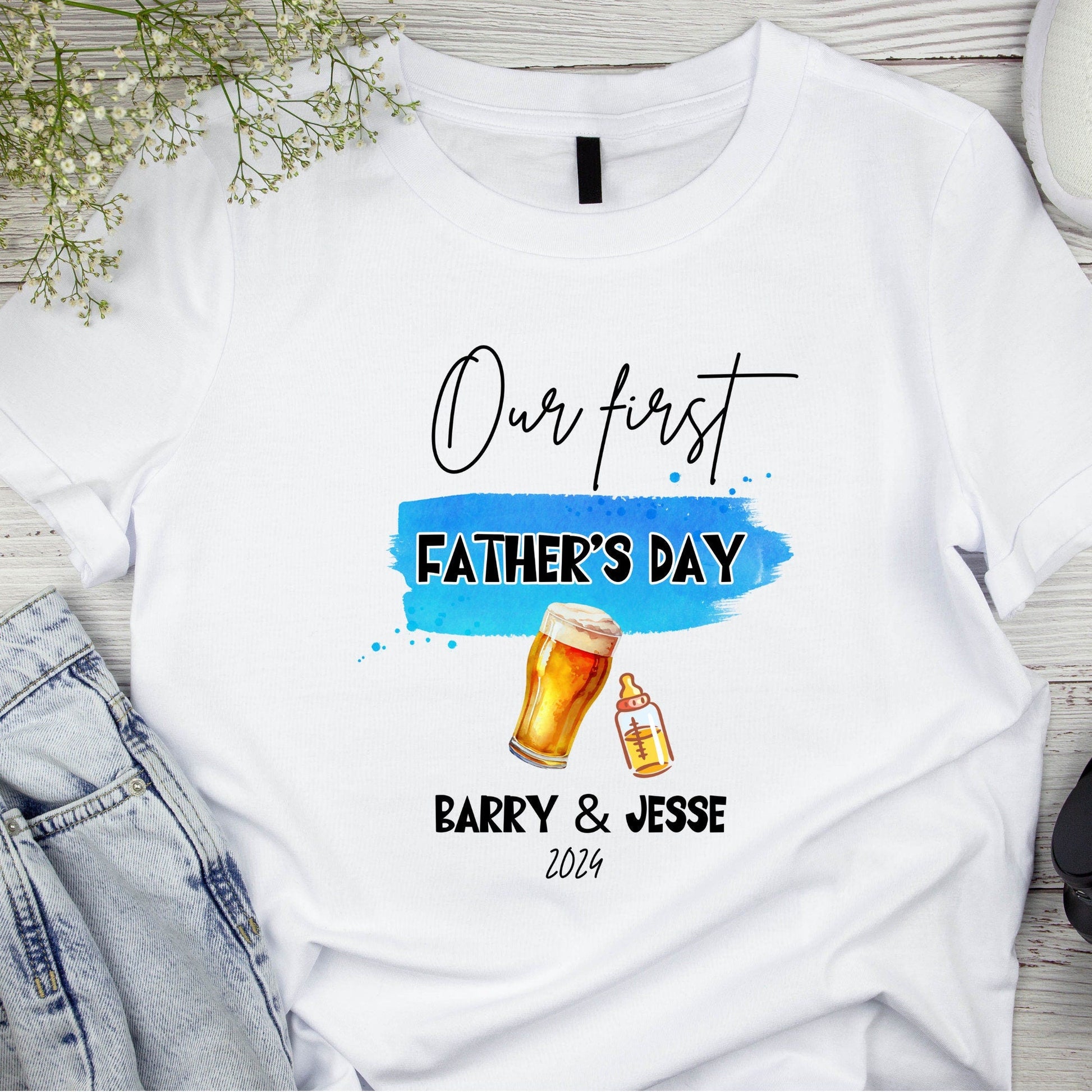 Personalised Dad & Kid Matching Shirts: Our First Father's Day Collection - Custom Cheers Dad & Baby Shirt Set!