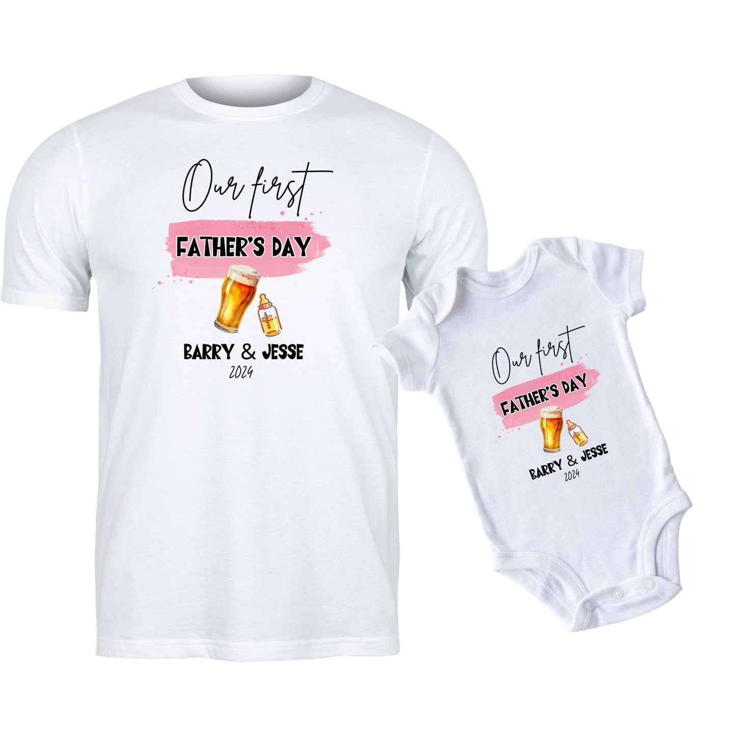 Personalised Dad & Kid Matching Shirts: Our First Father's Day Collection - Custom Cheers Dad & Baby Shirt Set!