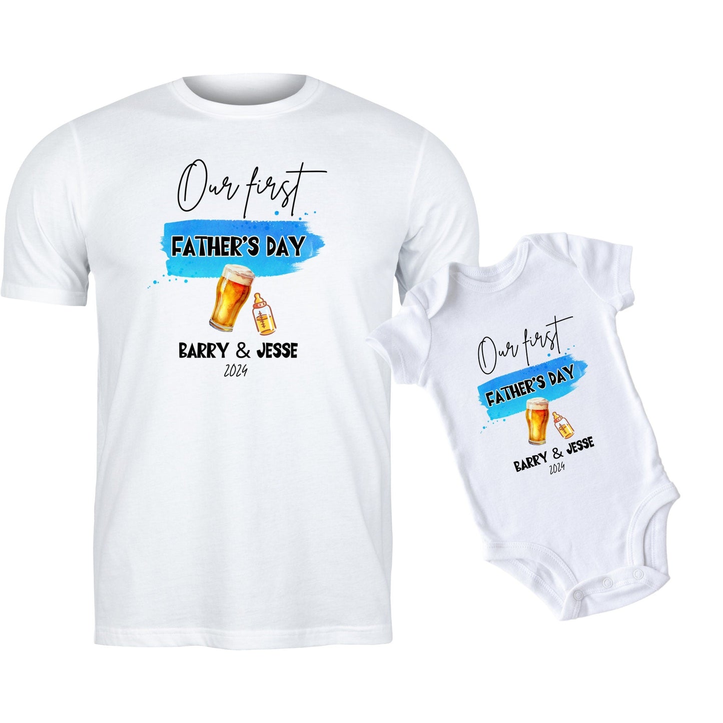 Personalised Dad & Kid Matching Shirts: Our First Father's Day Collection - Custom Cheers Dad & Baby Shirt Set!