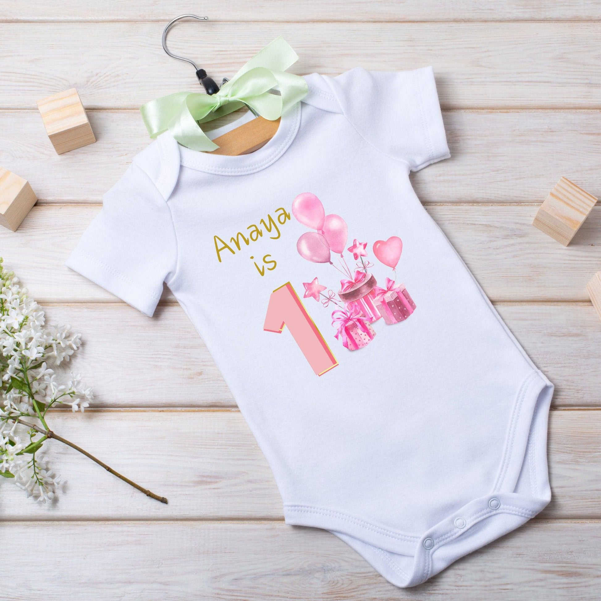 Personalised First Birthday Balloons T-Shirt - Custom One Year Bodysuit for Kids Ideal Birthday Party Shirt