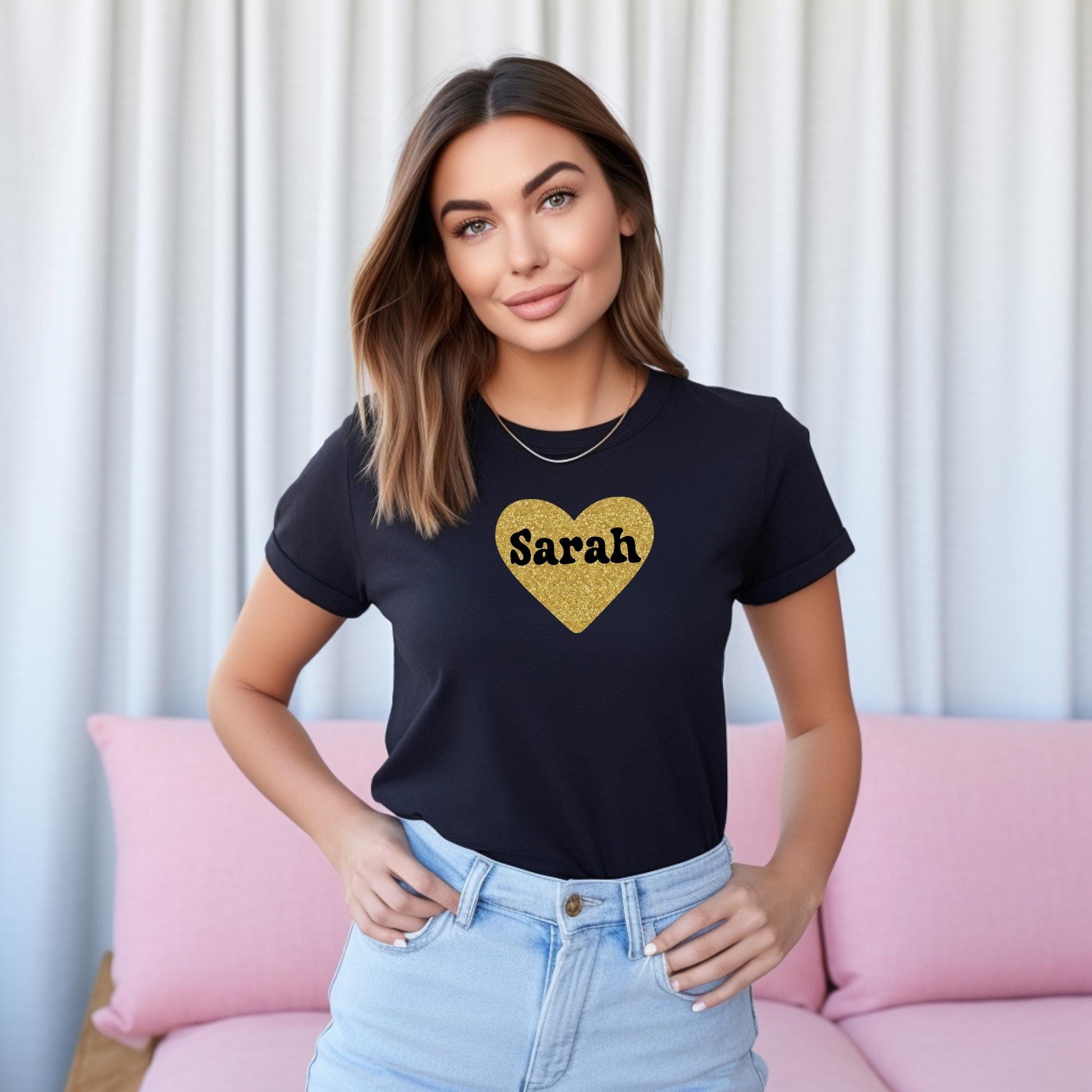 Personalised Glitter Heart Pink T Shirt, Valentines Day Heart Shirts for Women, Gold Glitter Heart Shirt, Funny Shirt, Valentine's Day Gift