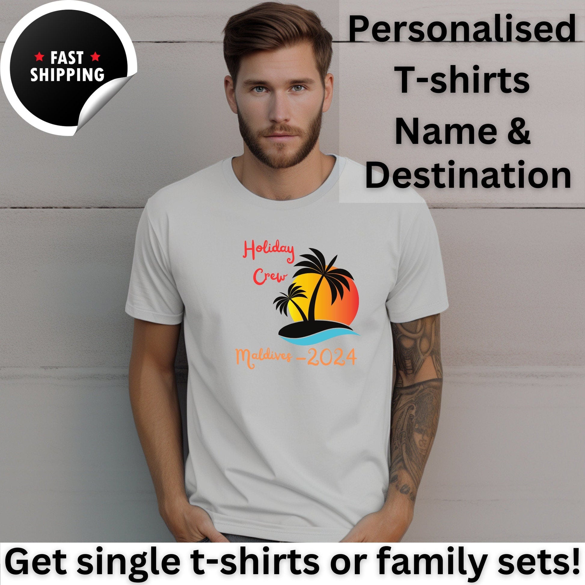 Personalised Holiday Crew Sun & Palm Tree T-Shirt, Family Vacation Shirt With Custom Name