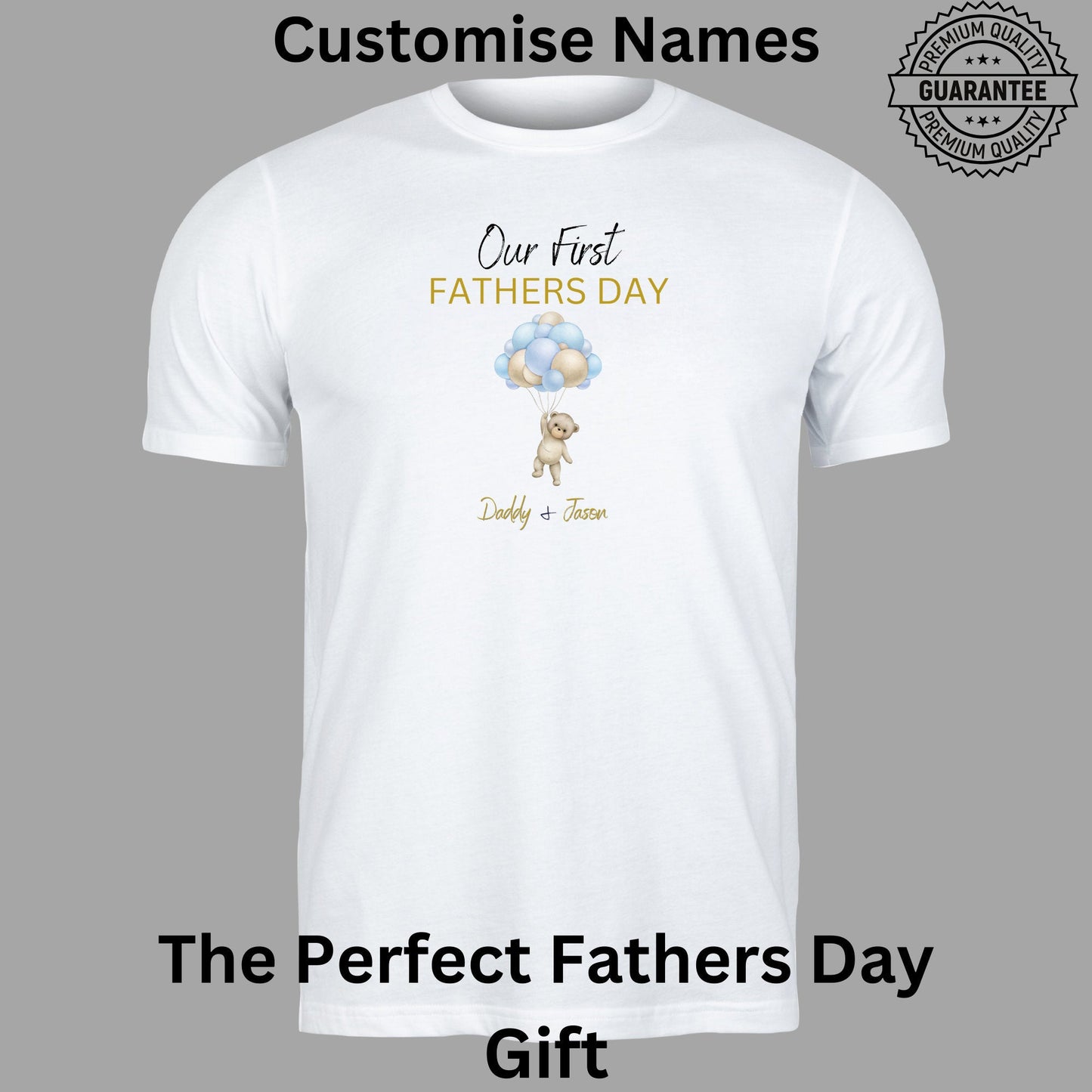 Personalised Our First Father's Day Dad & Baby Matching Blue Balloon & Teddy Shirt and Baby Grow