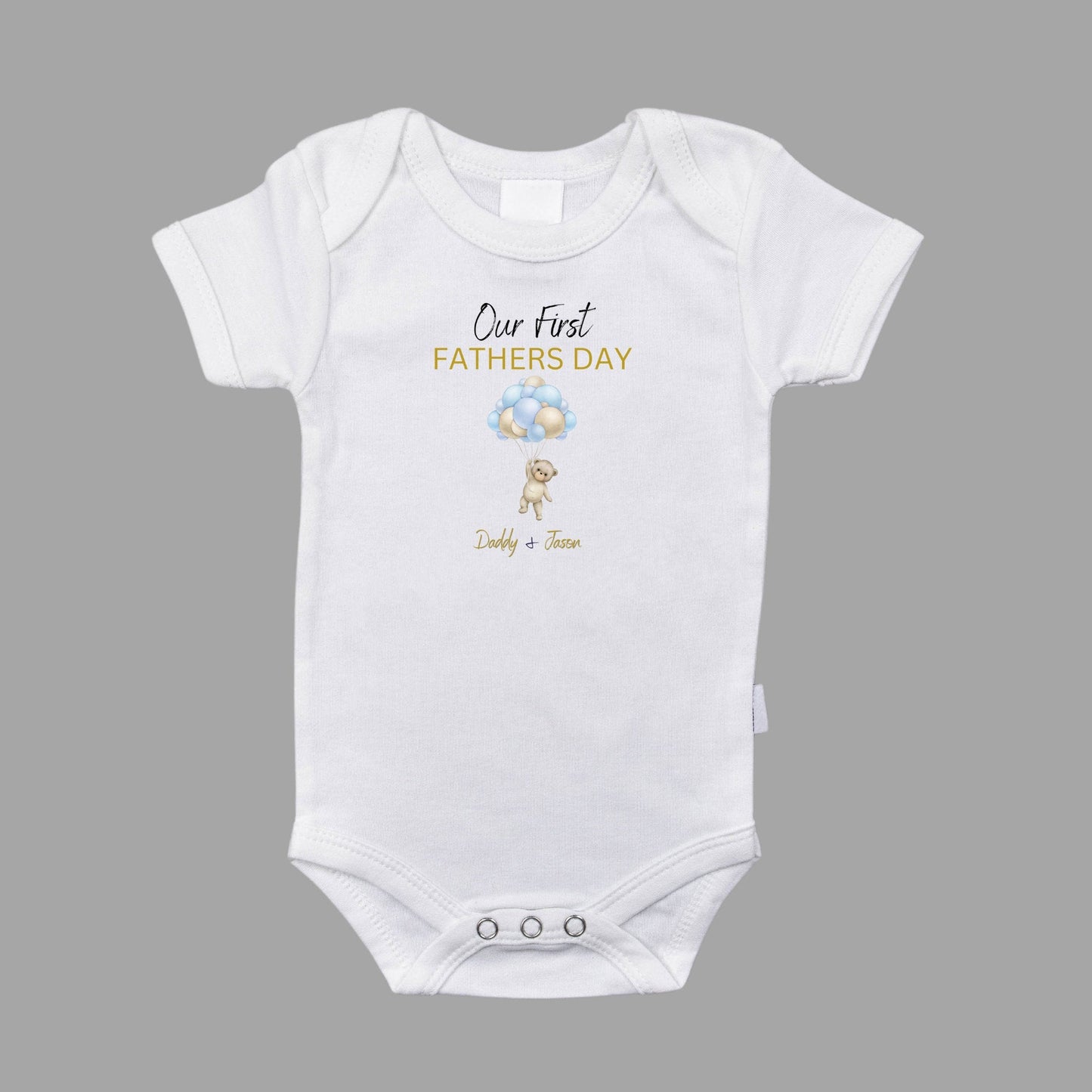 Personalised Our First Father's Day Dad & Baby Matching Blue Balloon & Teddy Shirt and Baby Grow