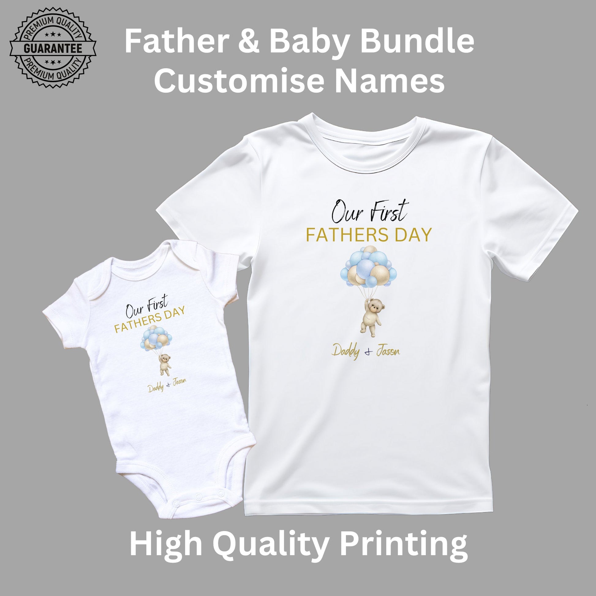 Personalised Our First Father's Day Dad & Baby Matching Blue Balloon & Teddy Shirt and Baby Grow