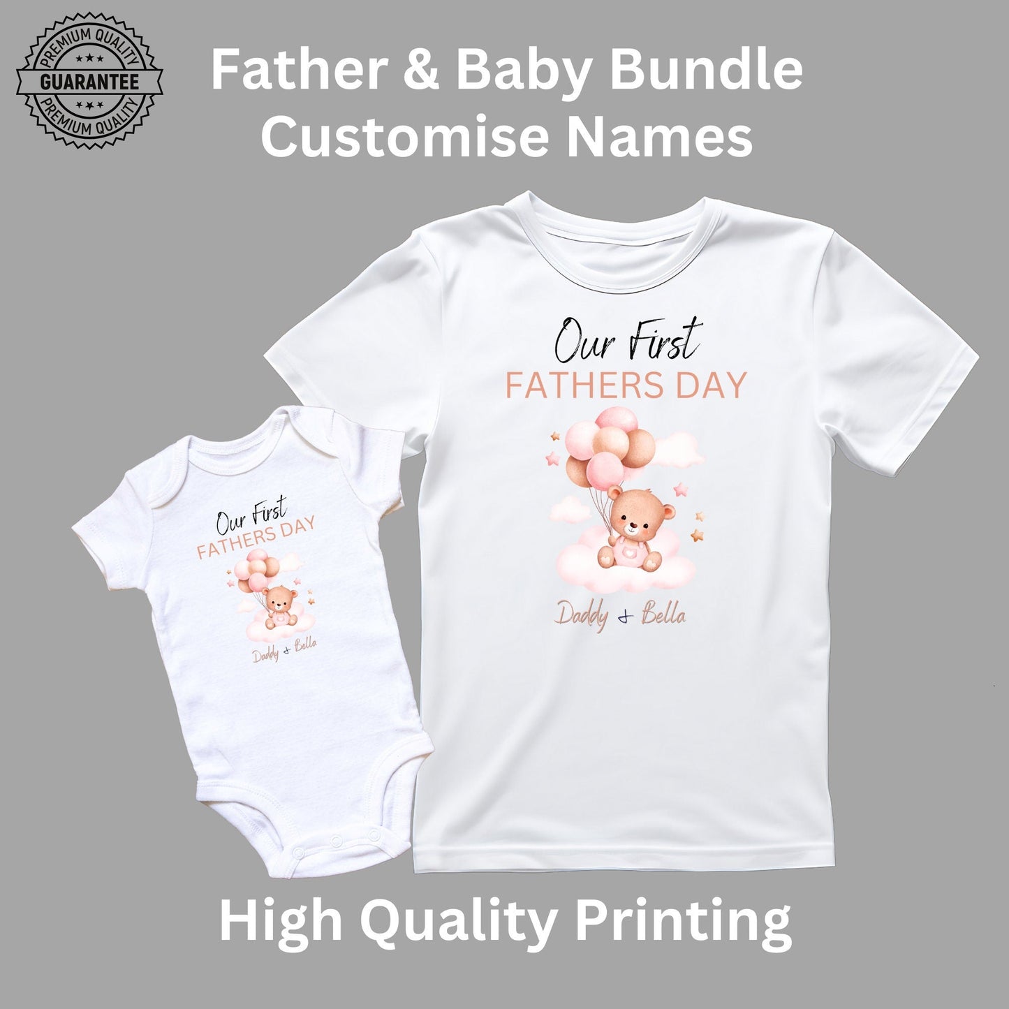 Personalised 'Our First Father's Day' Matching Shirts - Custom Balloon and Teddy Design for Dad and Baby, Perfect Father's Day Gift