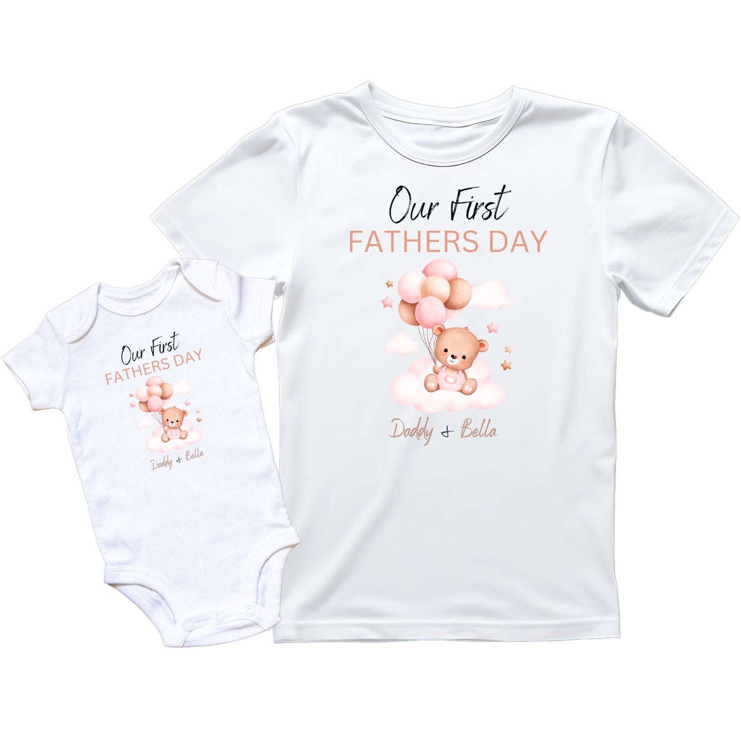 Personalised 'Our First Father's Day' Matching Shirts - Custom Balloon and Teddy Design for Dad and Baby, Perfect Father's Day Gift