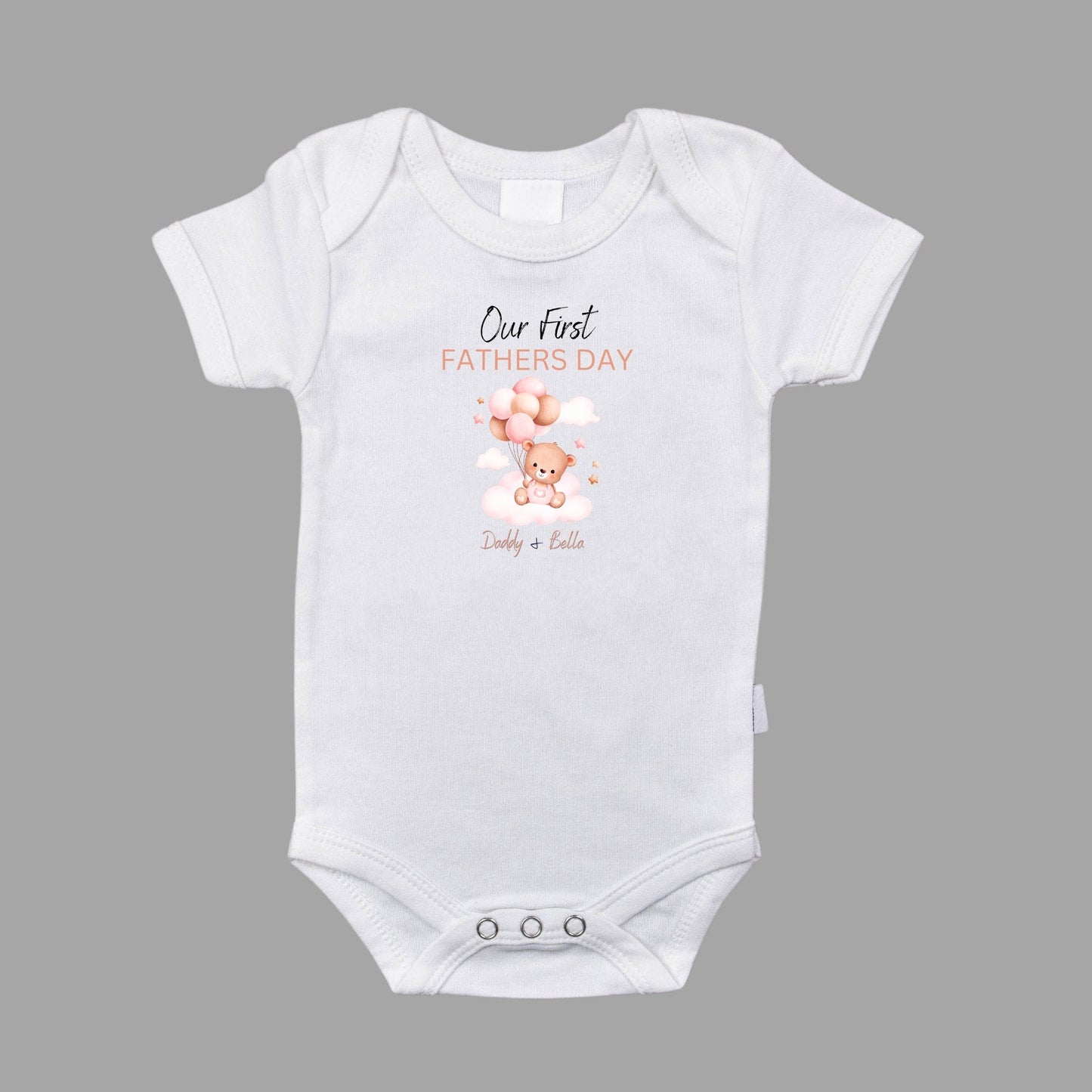 Personalised 'Our First Father's Day' Matching Shirts - Custom Balloon and Teddy Design for Dad and Baby, Perfect Father's Day Gift