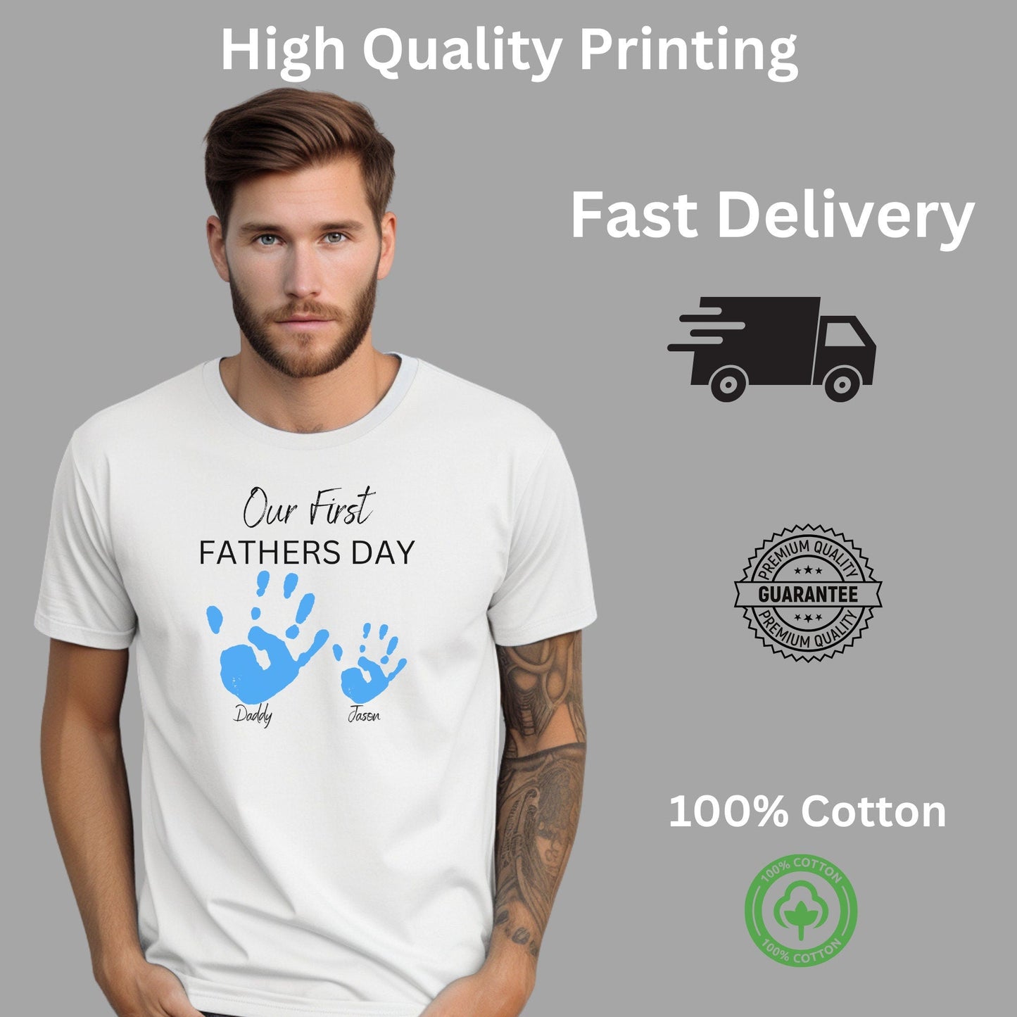 Personalised 'Our First Father's Day' Matching Shirts - Custom Handprint Design for Dad and Baby, Perfect Father's Day Gift