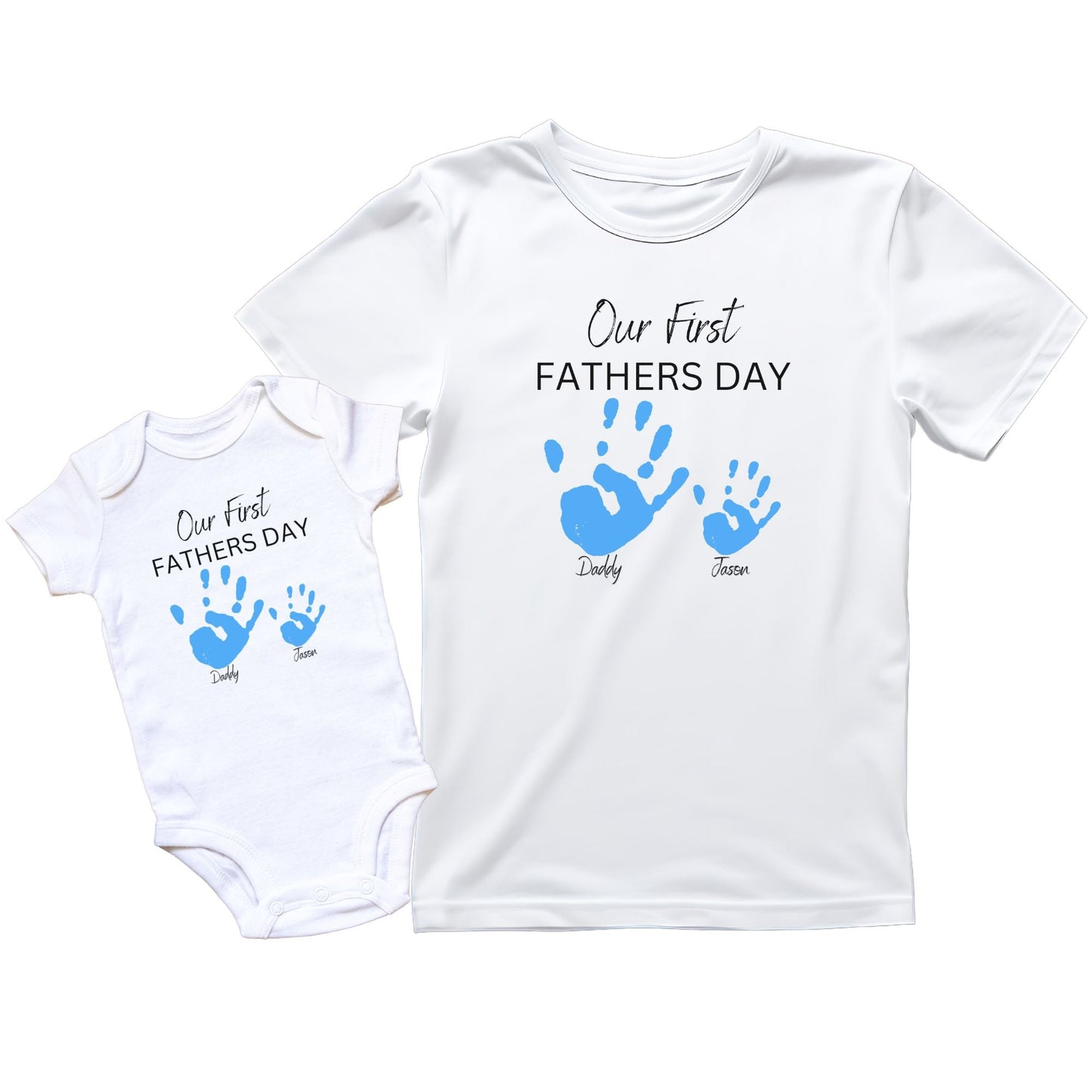 Personalised 'Our First Father's Day' Matching Shirts - Custom Handprint Design for Dad and Baby, Perfect Father's Day Gift