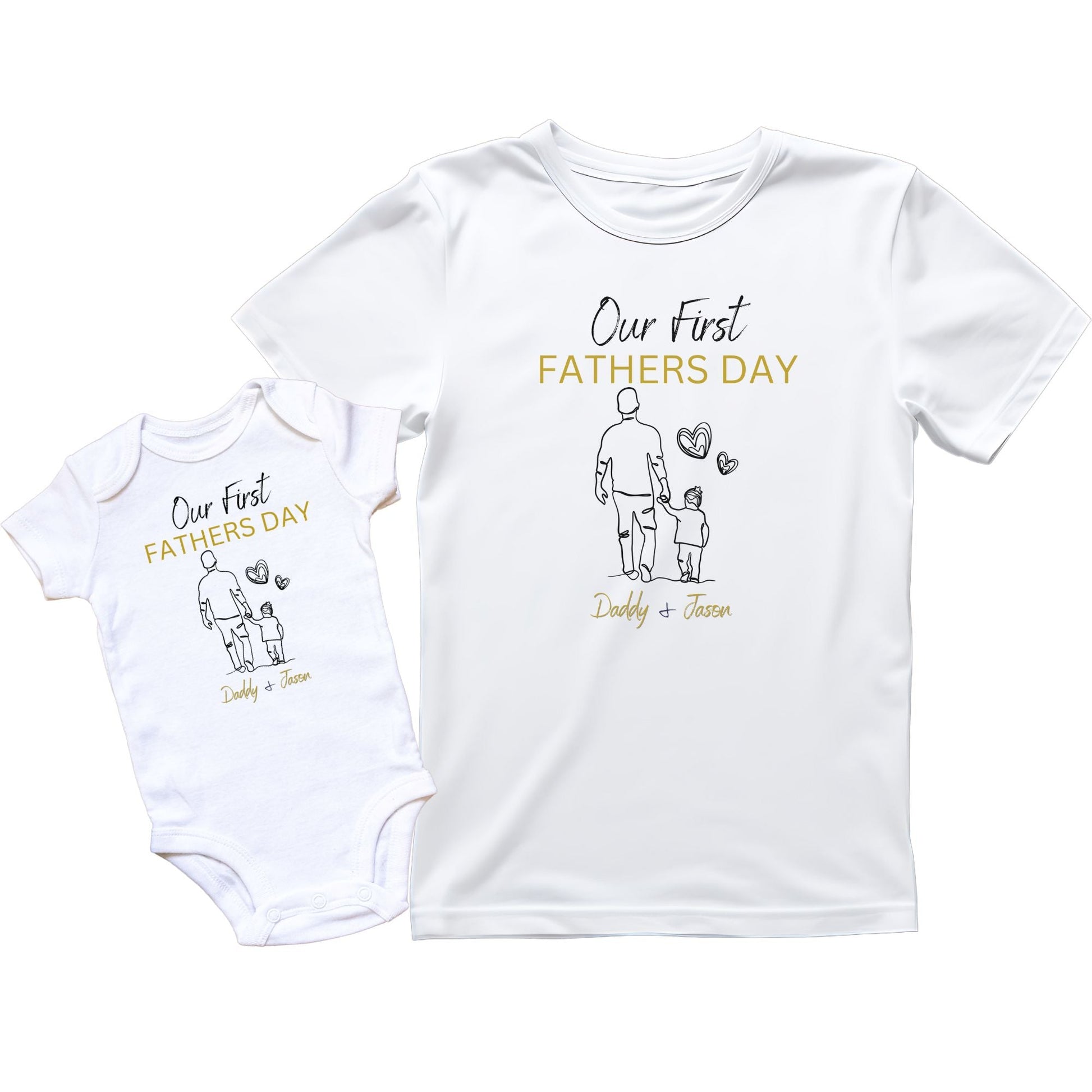 Personalised 'Our First Father's Day' Matching T-Shirt & Baby Grow Set - Custom Names, Perfect Father's Day Gift for Daddy and Baby