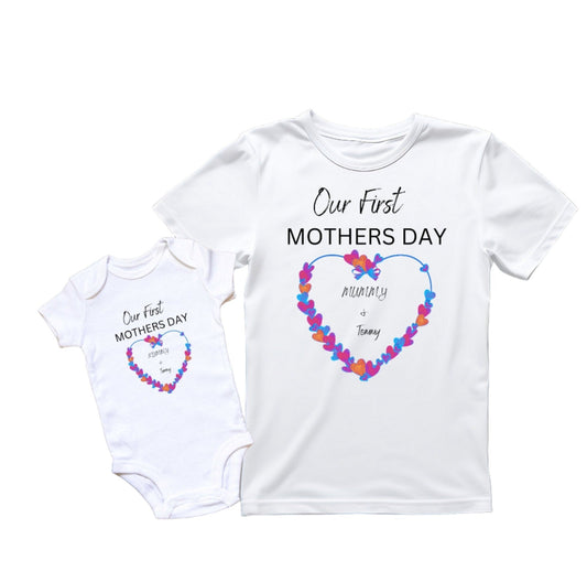 Personalised Our First Mothers Day for Mum and Baby T-Shirt With Heart Design