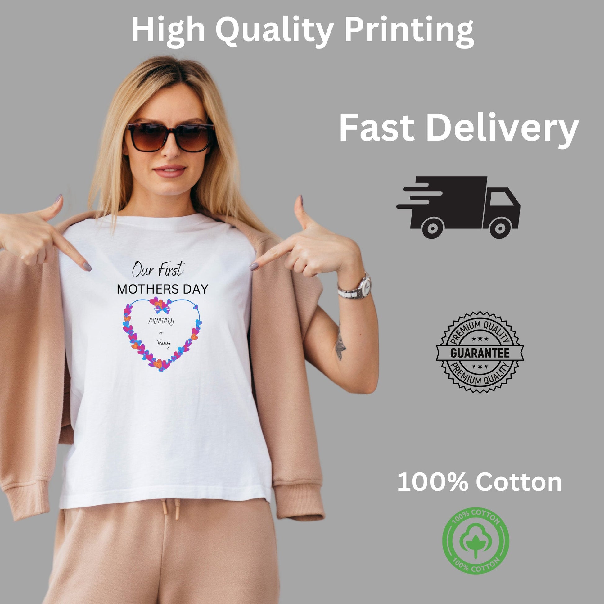 Personalised Our First Mothers Day for Mum and Baby T-Shirt With Heart Design