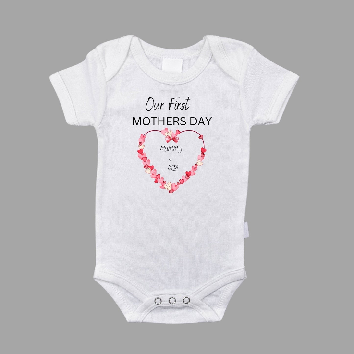 Personalised Our First Mothers Day for Mum and Baby T-Shirt With Red Heart Design