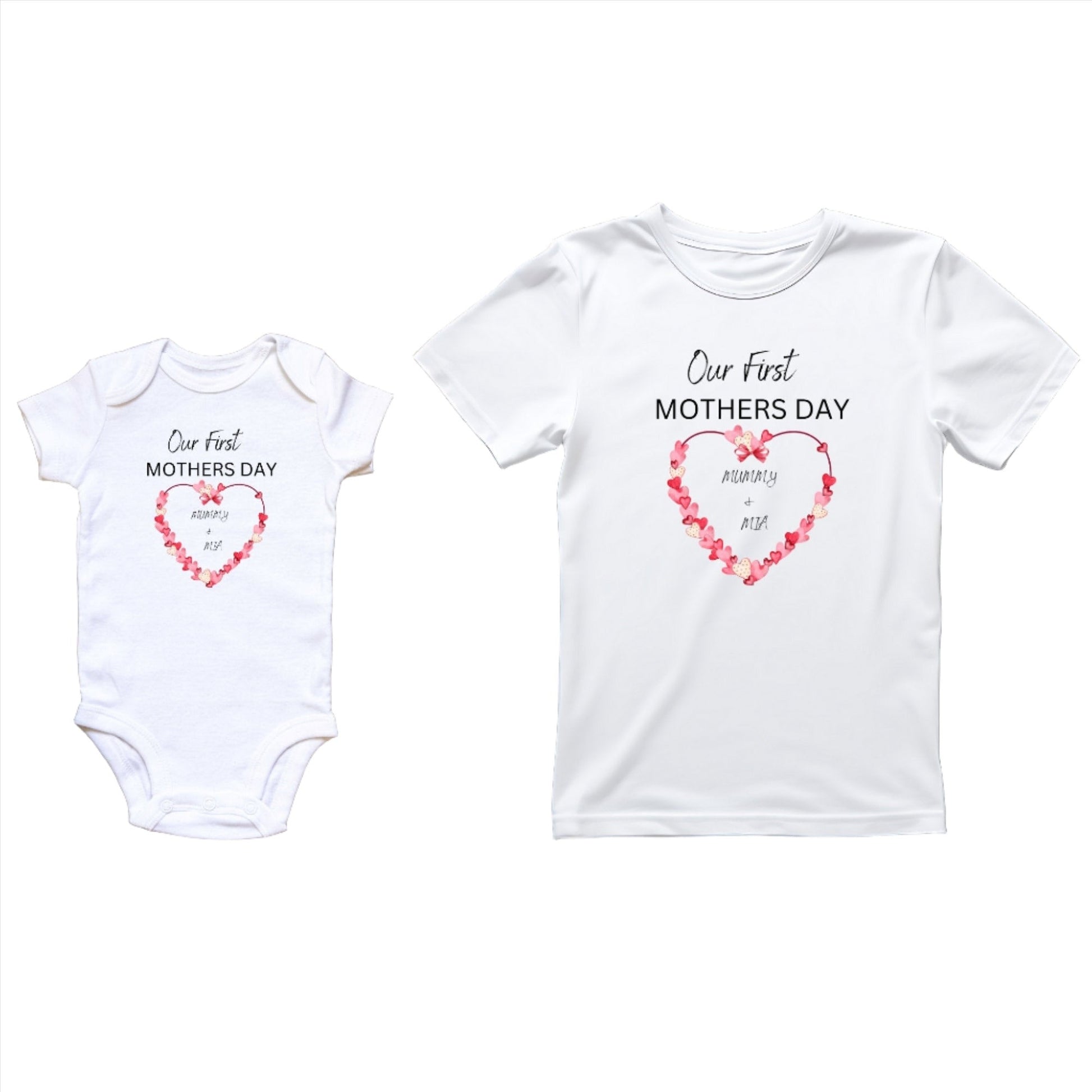 Personalised Our First Mothers Day for Mum and Baby T-Shirt With Red Heart Design