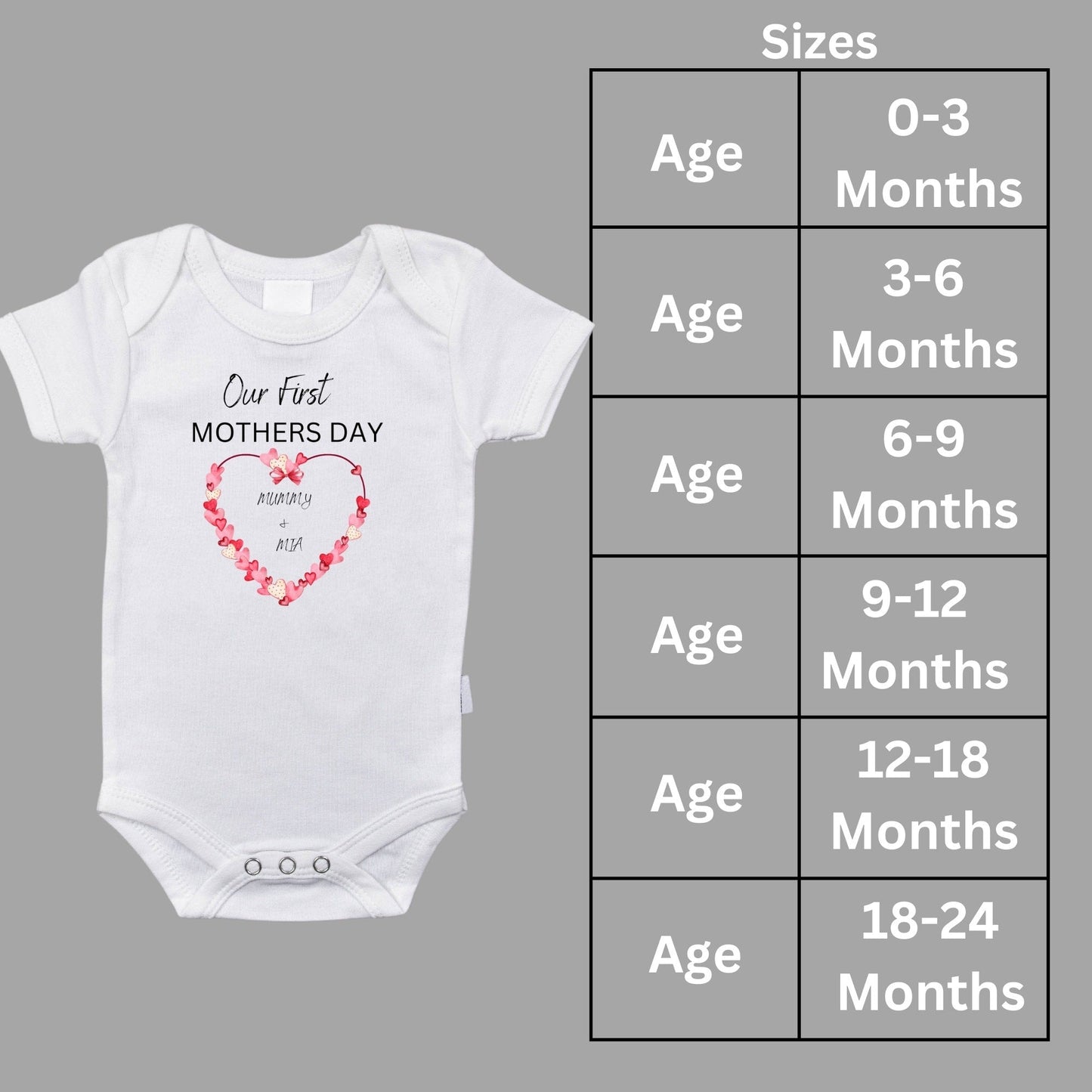 Personalised Our First Mothers Day for Mum and Baby T-Shirt With Red Heart Design